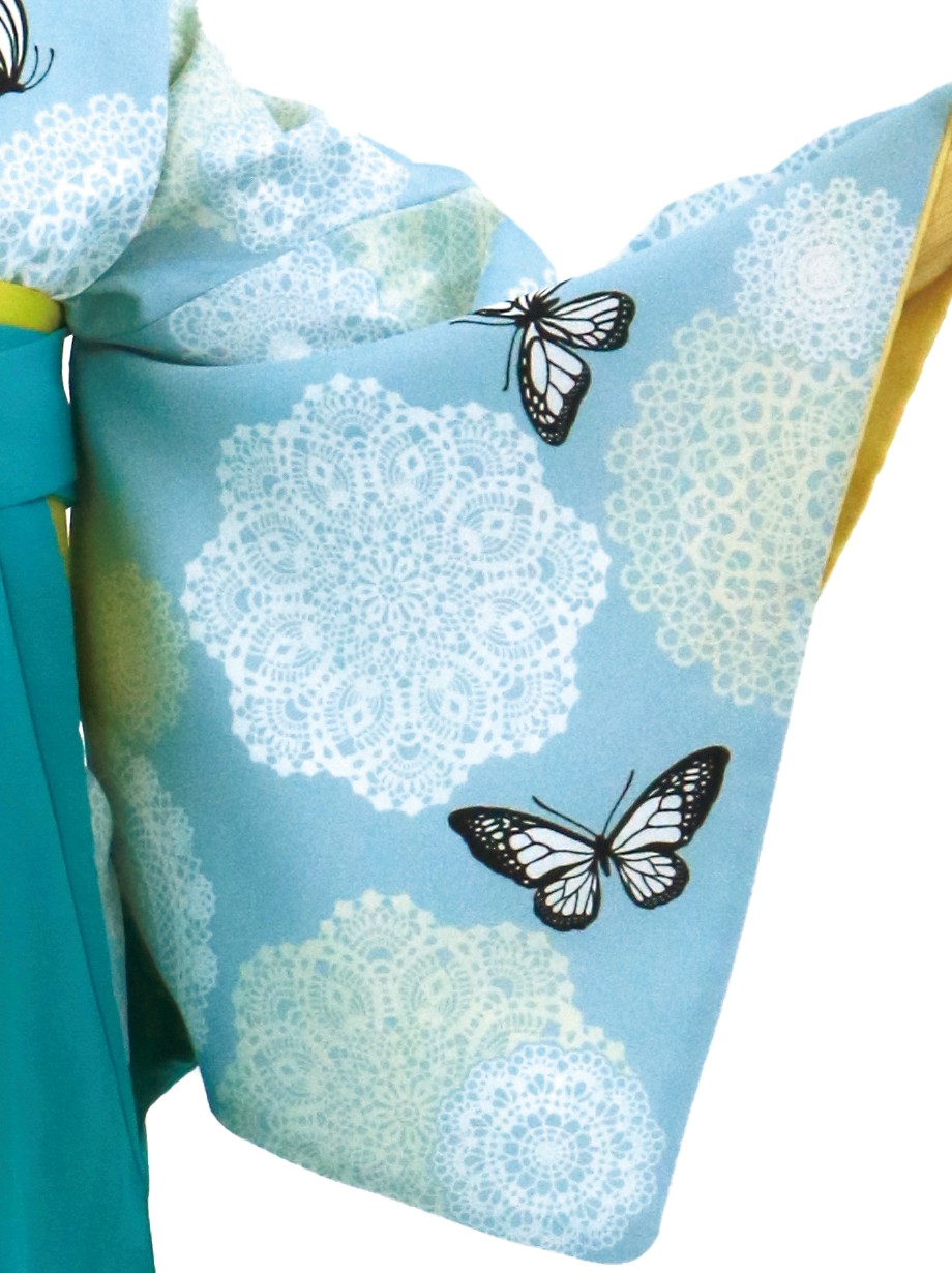 水色地にレースと蝶の小紋 浅葱袴 無地 卒業式 宅配着物レンタルの京都かしきもの