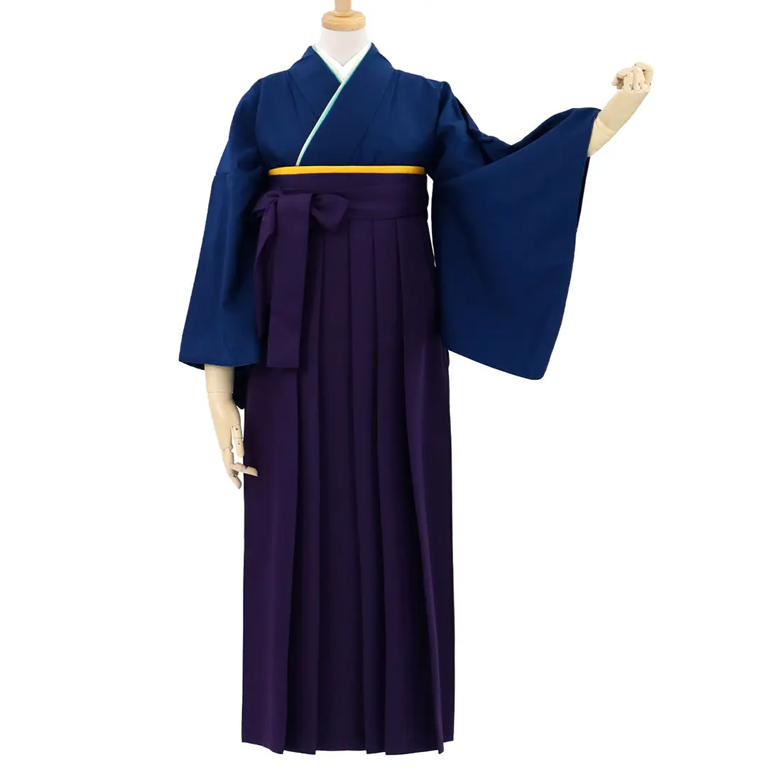 【先生におすすめ】紺瑠璃（こんるり）色の色無地・紫袴（無地） （小袖）／卒業式／正面