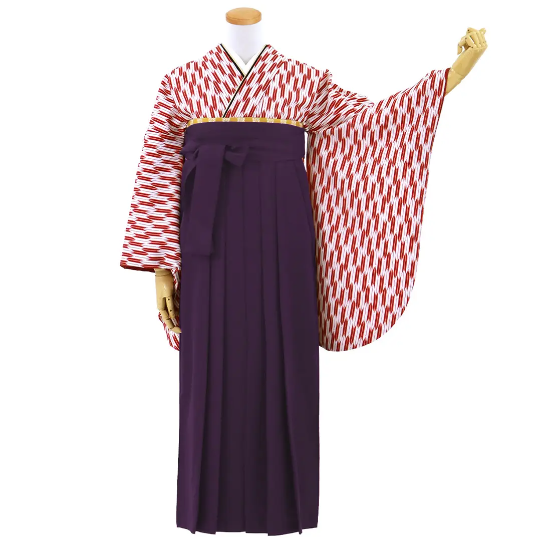 赤の小型矢絣・紫袴（無地） （二尺袖）／卒業式 | 宅配着物レンタルの