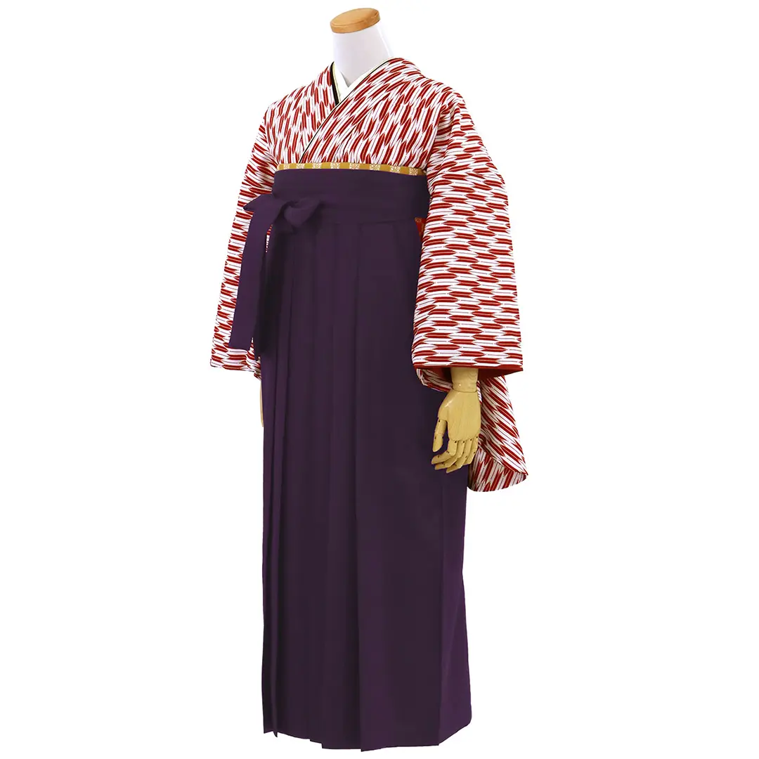 赤の小型矢絣・紫袴（無地） （二尺袖）／卒業式 | 宅配着物レンタルの