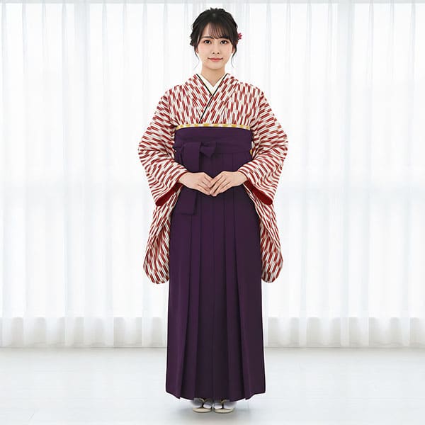 赤の小型矢絣・紫袴（無地） （二尺袖）／卒業式 | 宅配着物レンタルの