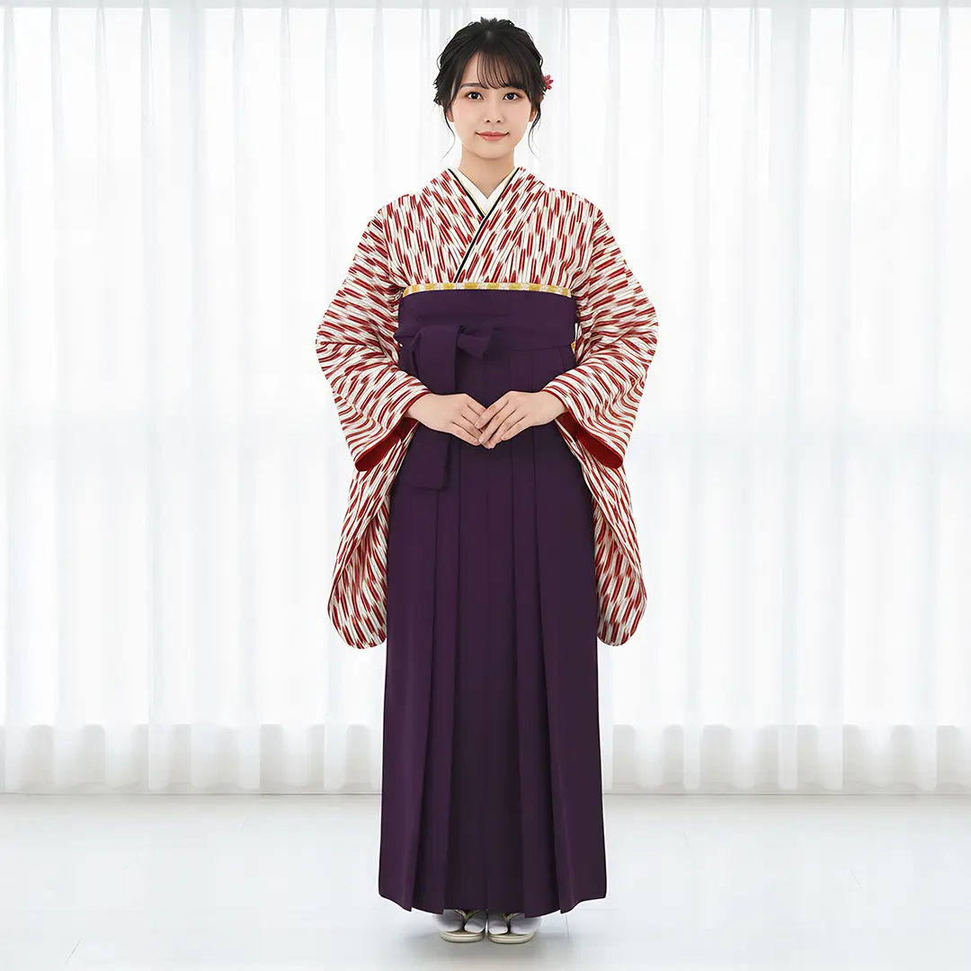 赤の小型矢絣・紫袴（無地） （二尺袖）／卒業式 | 宅配着物レンタルの