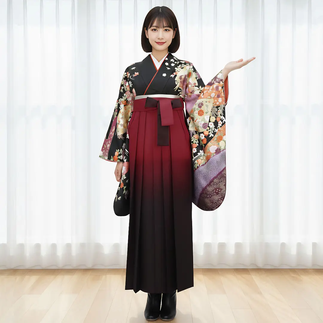 黒地に扇・赤袴（ぼかし） （二尺袖）／卒業式／着用イメージ