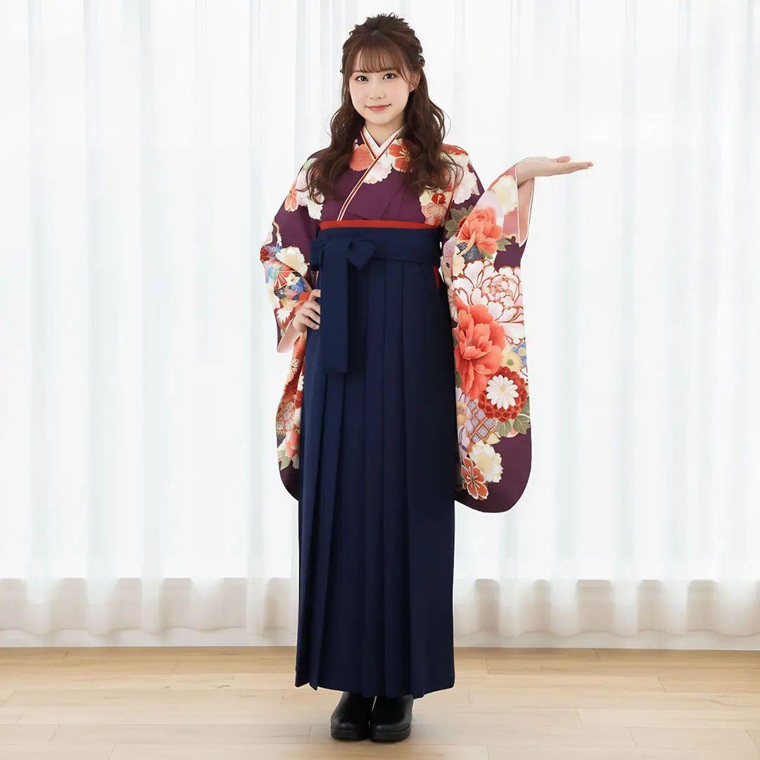 紫地に牡丹と雪輪・紺袴（無地）（二尺袖）／卒業式／着用イメージ