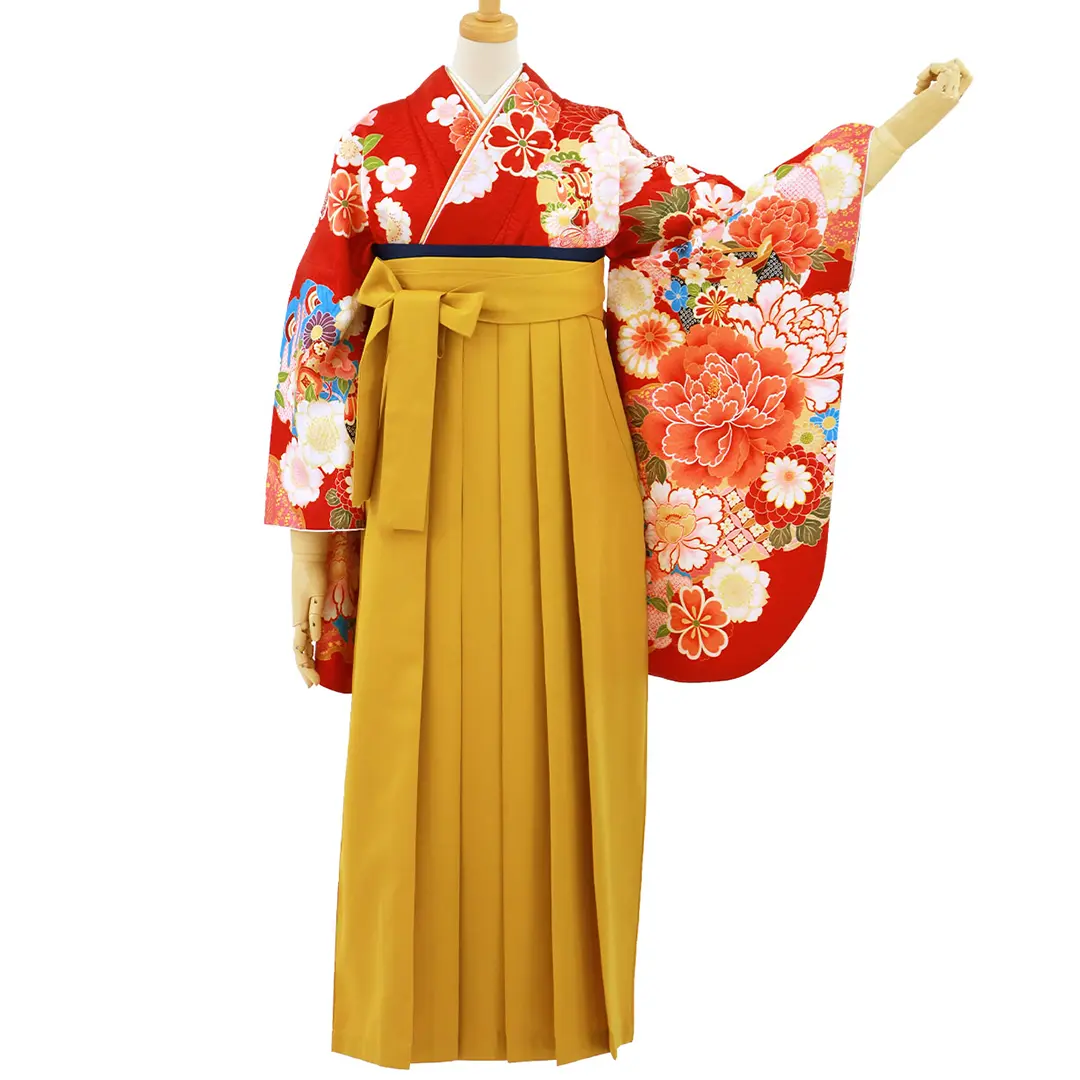 赤地に牡丹と雪輪・マスタード袴（無地）（二尺袖）／卒業式／正面