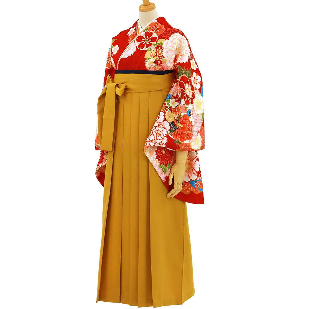 赤地に牡丹と雪輪・マスタード袴（無地）（二尺袖）／卒業式／斜め