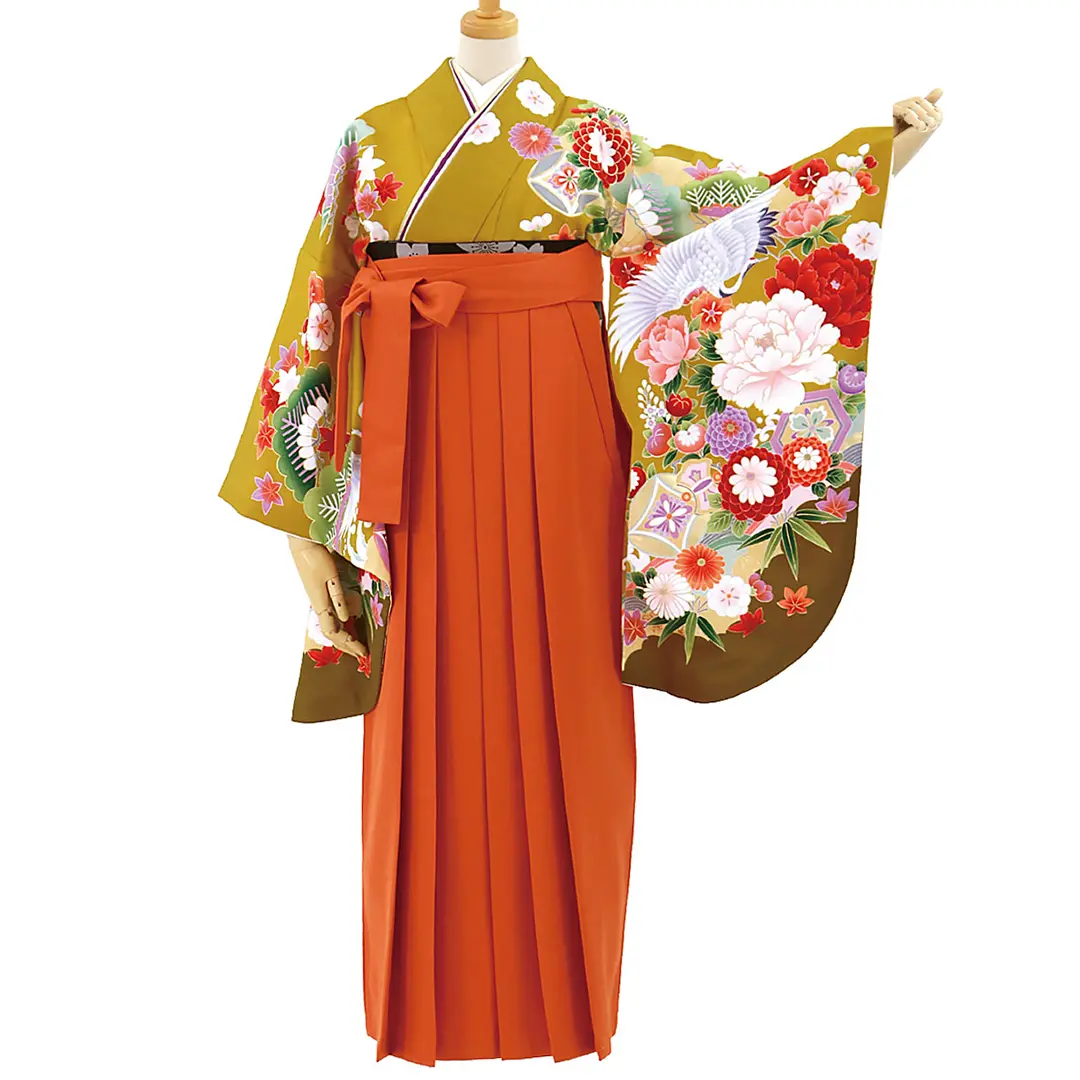 うぐいす色に鶴と牡丹・オレンジ袴（無地） （二尺袖）／卒業式