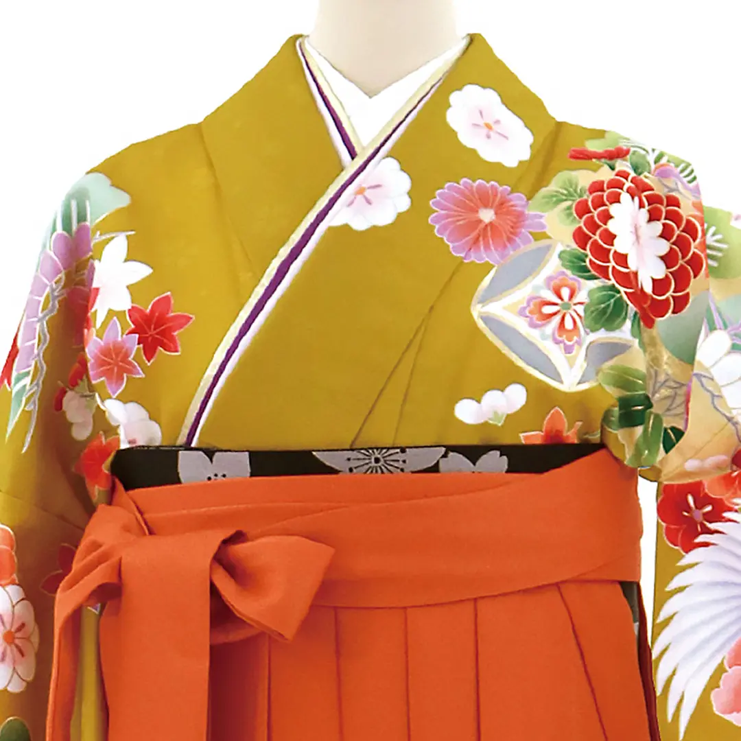 うぐいす色に鶴と牡丹・オレンジ袴（無地） （二尺袖）／卒業式