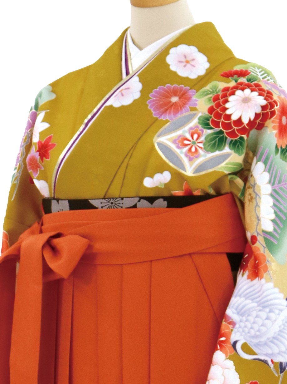 うぐいす色に鶴と牡丹・オレンジ袴（無地） （二尺袖）／卒業式