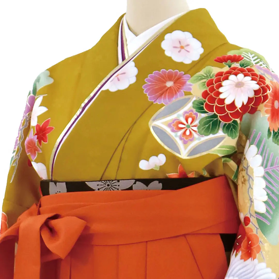 うぐいす色に鶴と牡丹・オレンジ袴（無地） （二尺袖）／卒業式