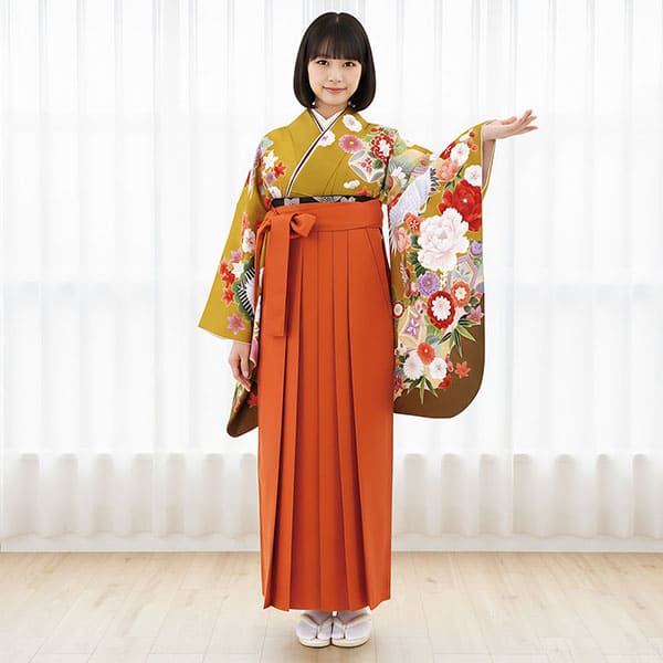 うぐいす色に鶴と牡丹・オレンジ袴（無地） （二尺袖）／卒業式