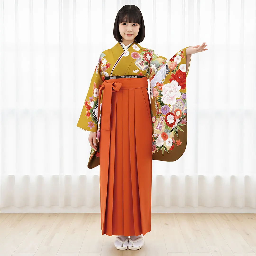 うぐいす色に鶴と牡丹・オレンジ袴（無地） （二尺袖）／卒業式