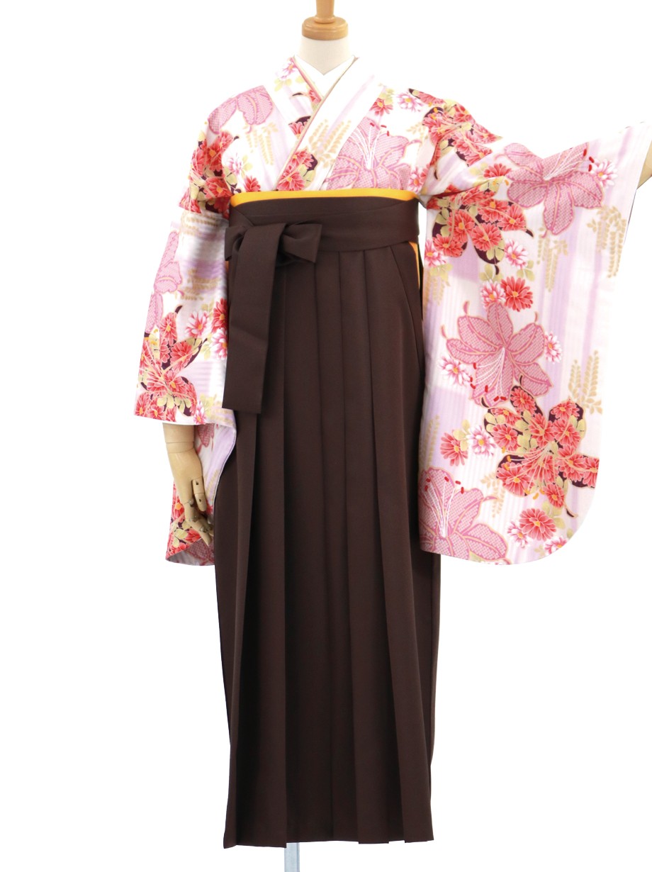 アイボリーにピンクの百合 茶色袴 無地 二尺袖 卒業式 宅配着物レンタルの京都かしきもの