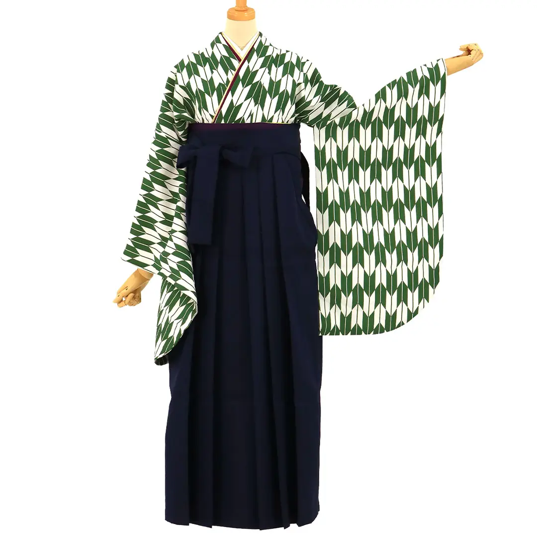 紺とグレーの矢絣・深緑袴（無地） （二尺袖）／卒業式 | 宅配着物