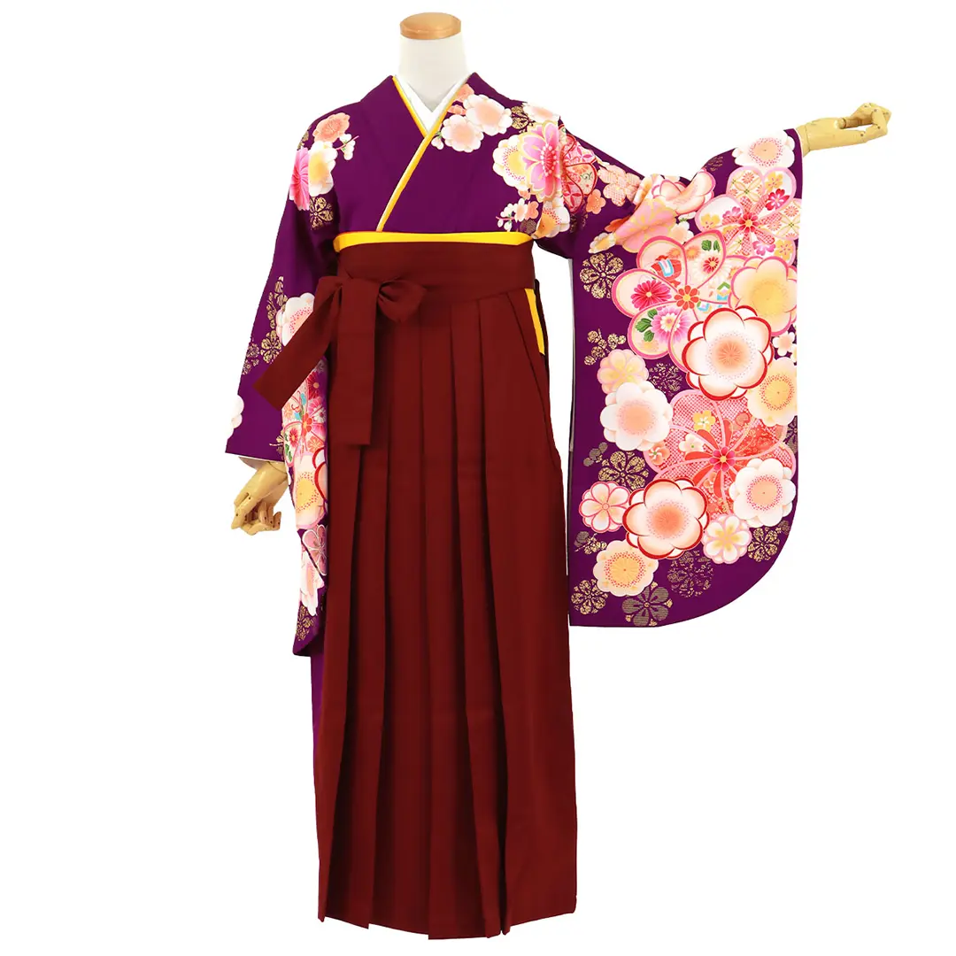 紫地に梅文・臙脂袴（無地） （二尺袖）／卒業式／正面