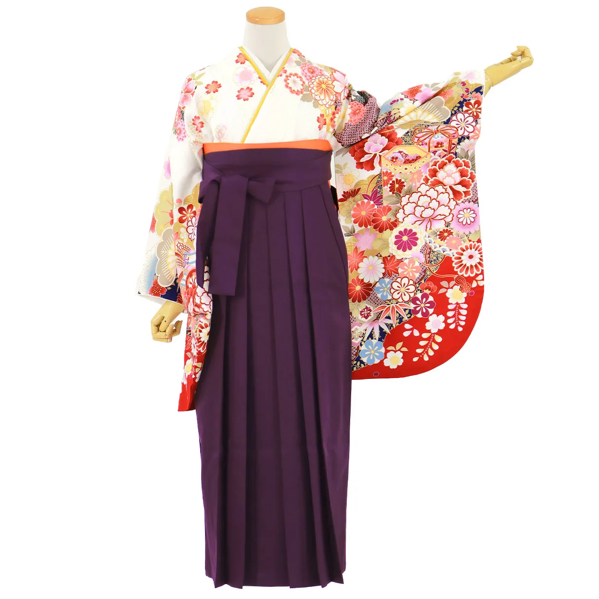 白地に貝桶と四季花、紫袴（無地）（二尺袖）／卒業式