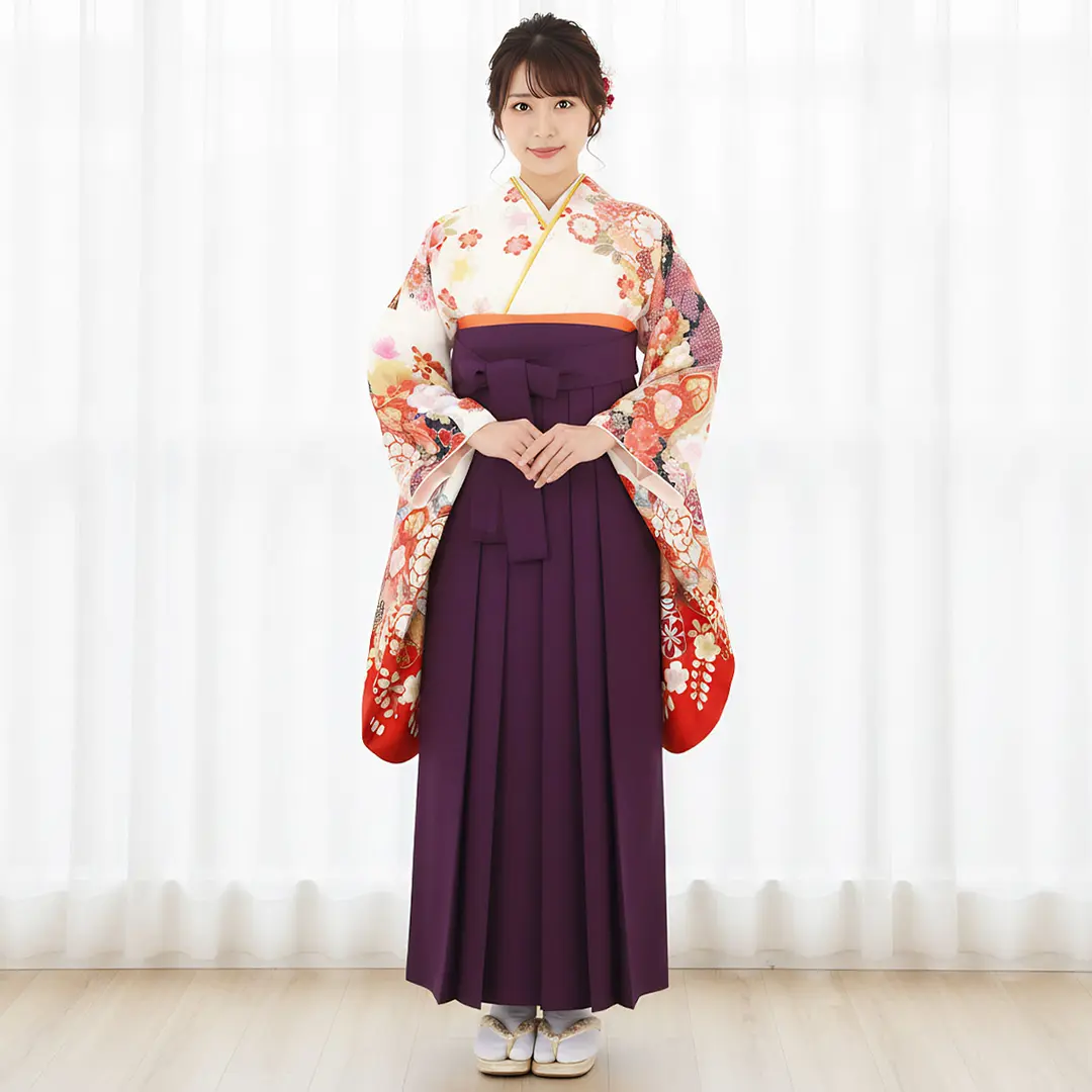 白地に貝桶と四季花、紫袴（無地）（二尺袖）／卒業式／着用イメージ