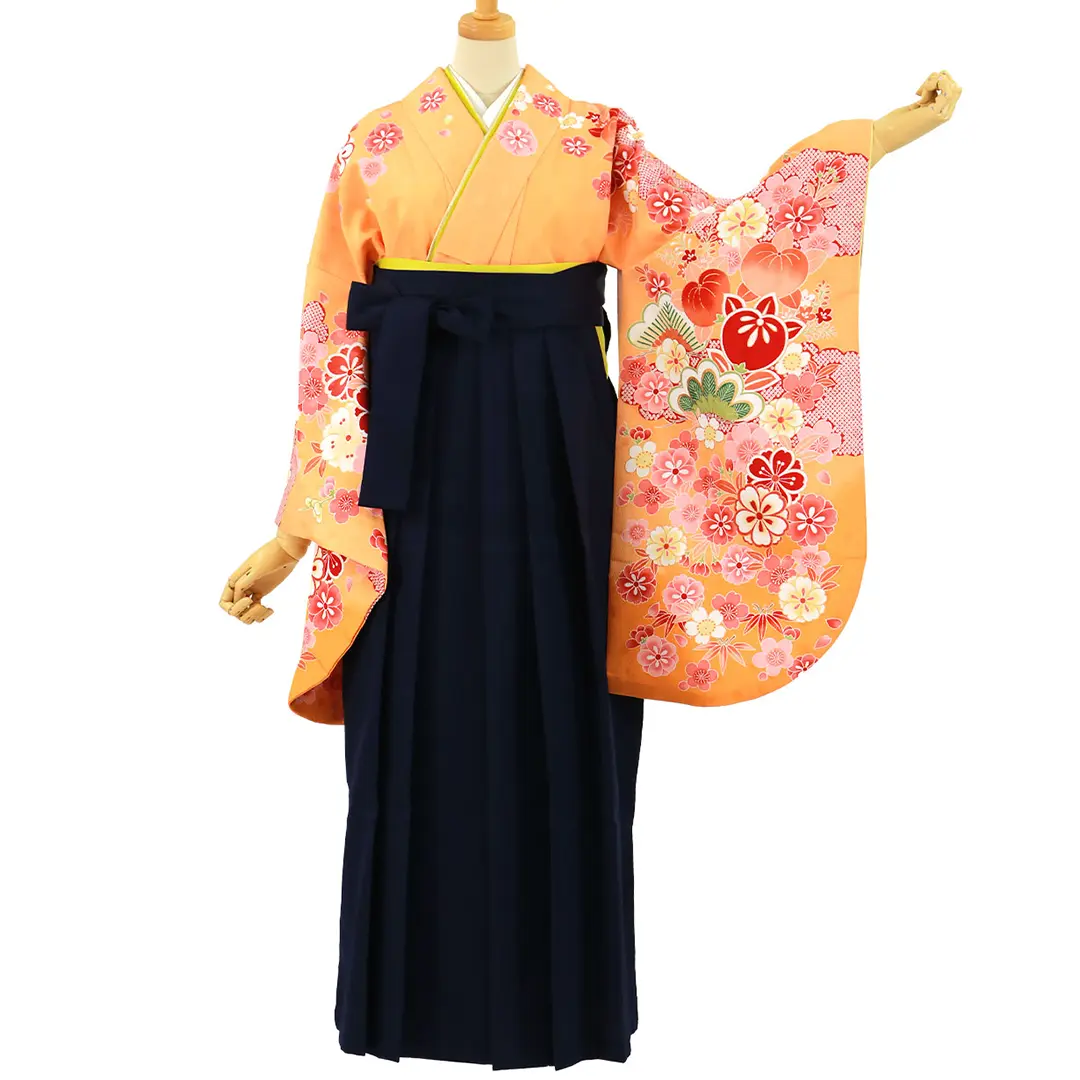 オレンジ地に桜と橘・紺袴（無地） （二尺袖）／卒業式 | 宅配着物