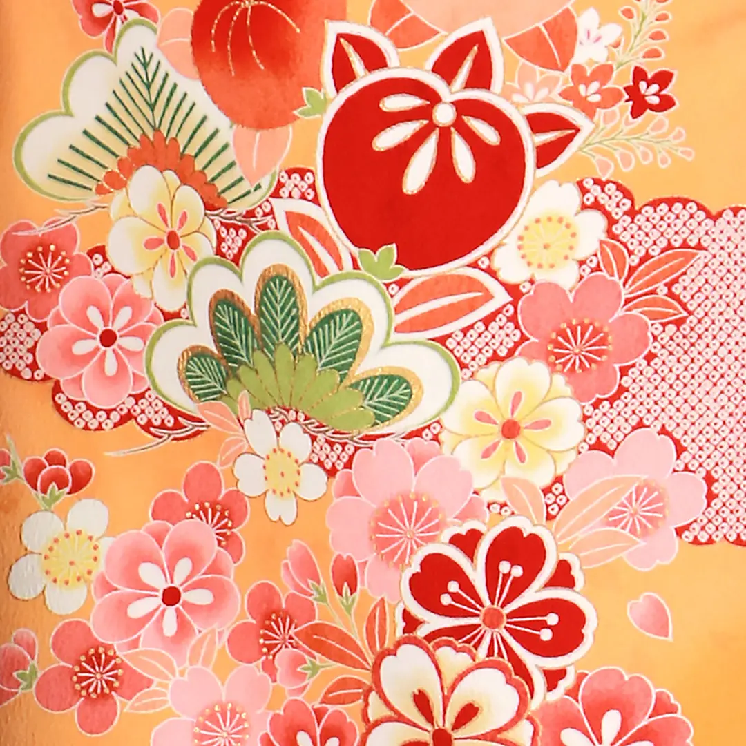 オレンジ地に桜と橘、紺袴（無地）（二尺袖）／卒業式／柄詳細