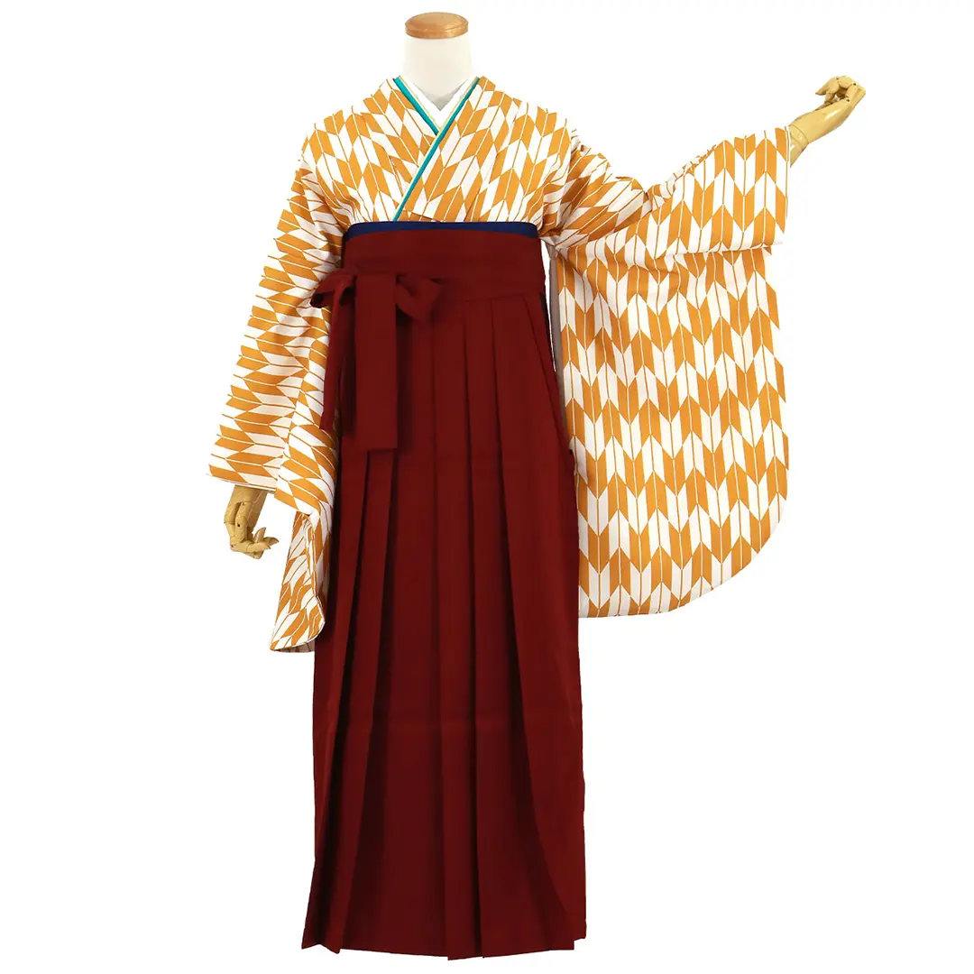 マスタード地に矢絣・臙脂袴（無地） （二尺袖）／卒業式