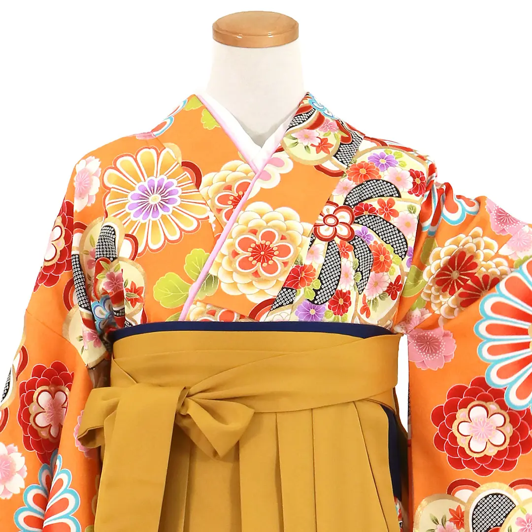 オレンジ地に花紋・マスタード袴（無地） （二尺袖）／卒業式 | 宅配