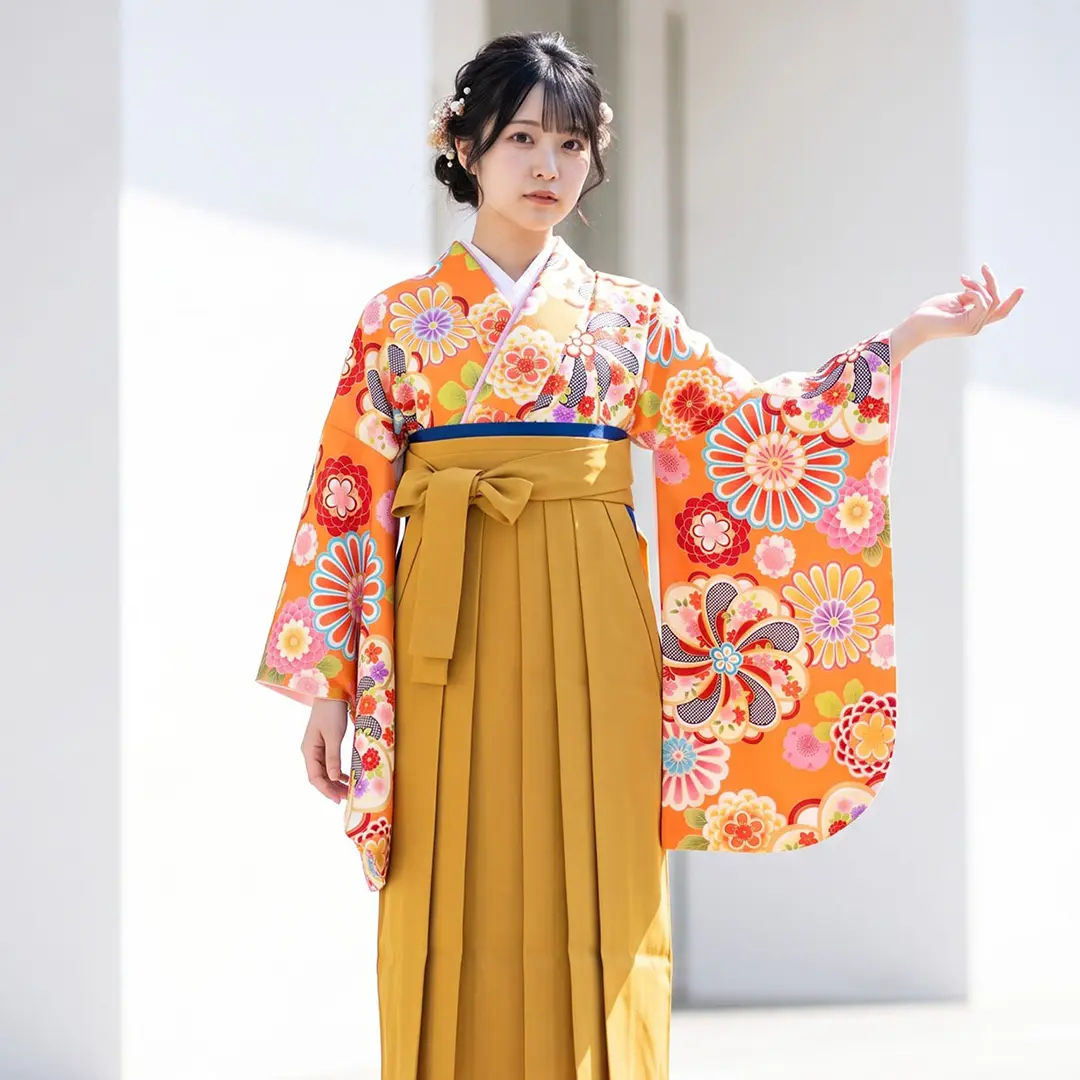 オレンジ地に花紋・マスタード袴（無地） （二尺袖）／卒業式 | 宅配