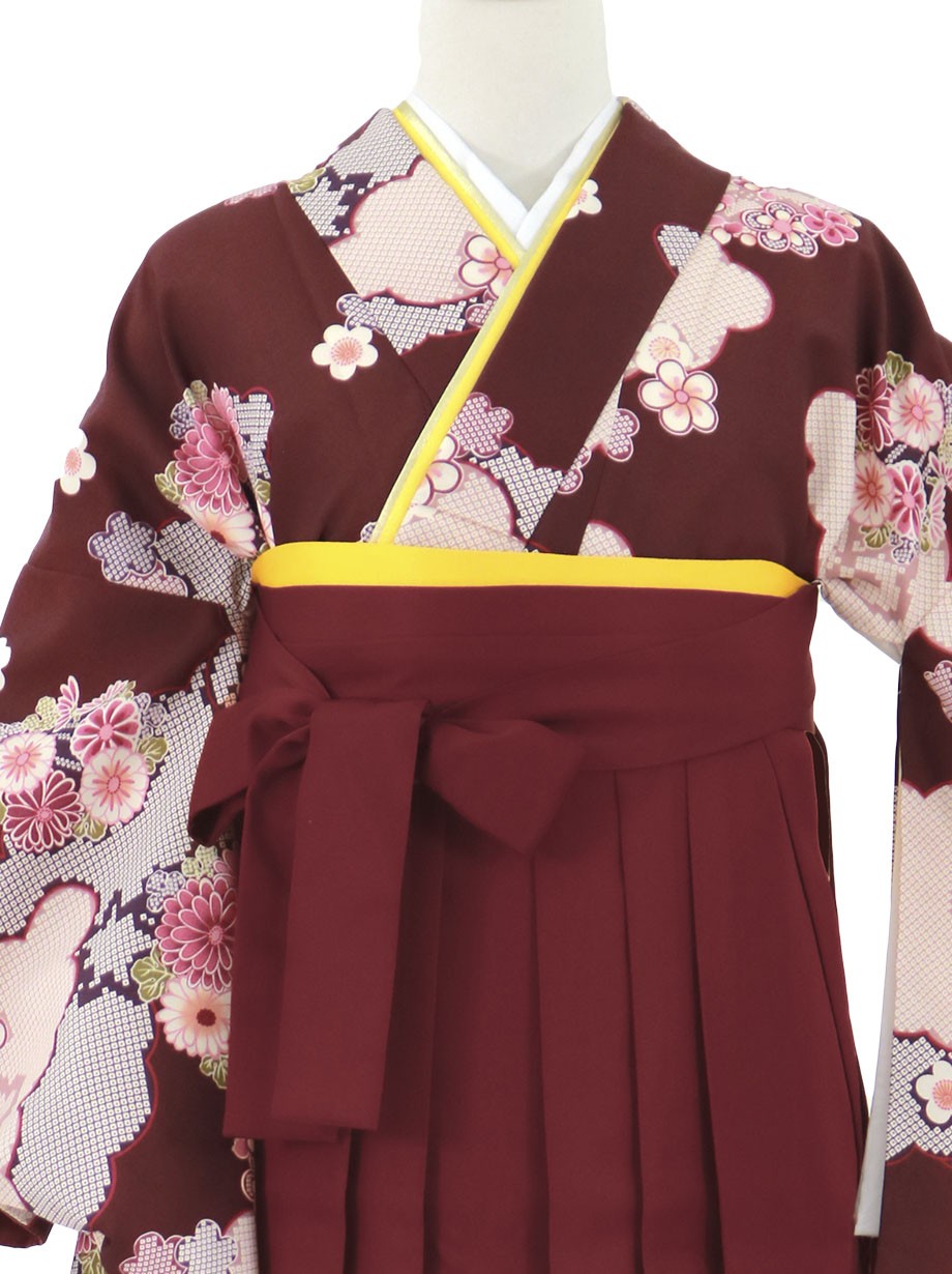 臙脂地に花と雲取り、臙脂袴（無地）（二尺袖）／卒業式