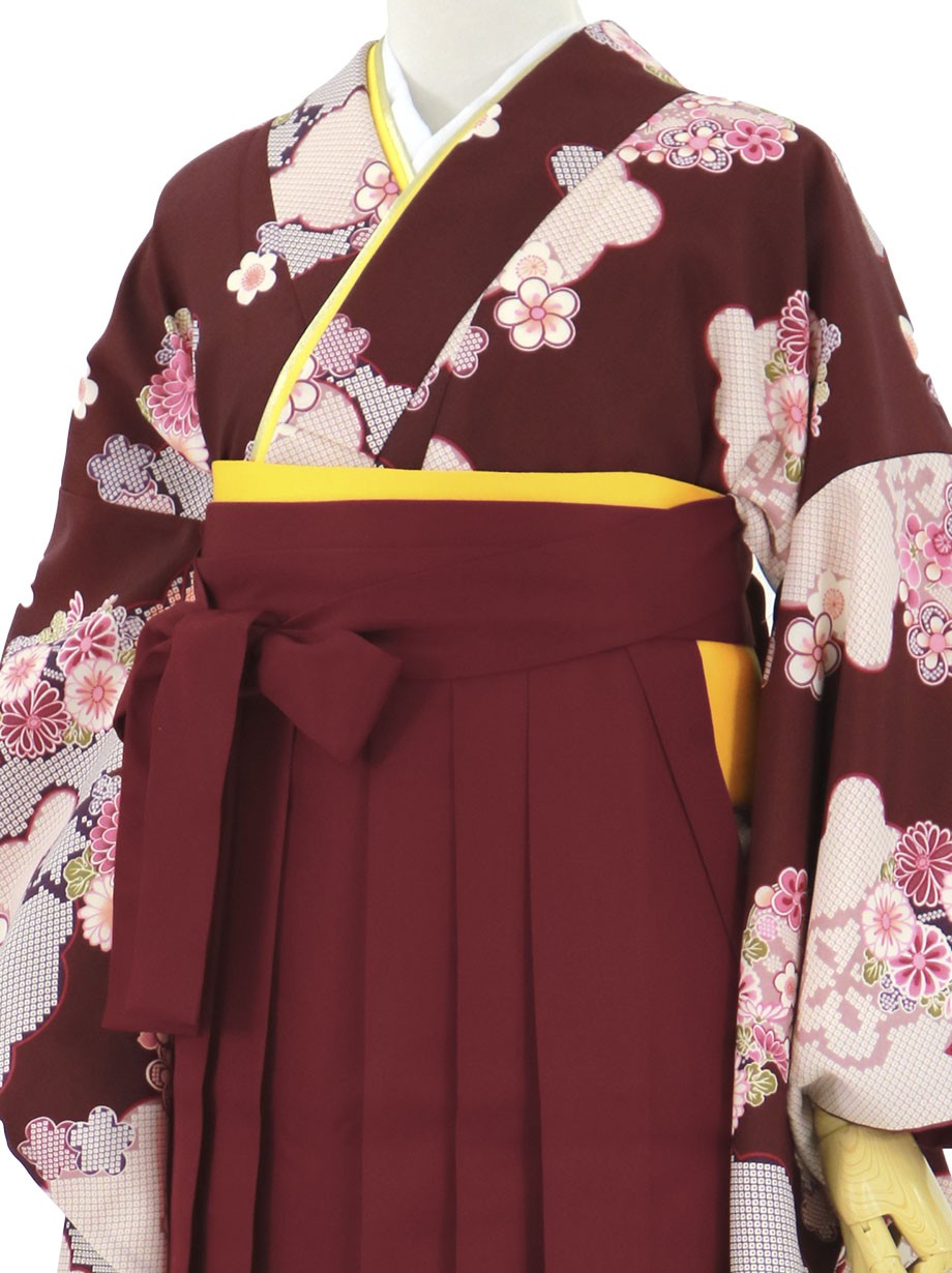 臙脂地に花と雲取り、臙脂袴（無地）（二尺袖）／卒業式