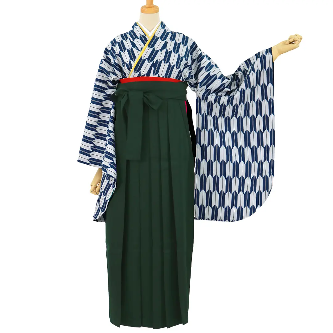 紺とグレーの矢絣・深緑袴（無地） （二尺袖）／卒業式 | 宅配着物