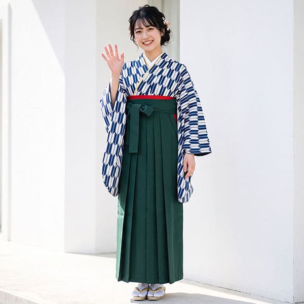 紺とグレーの矢絣・深緑袴（無地） （二尺袖）／卒業式 | 宅配着物