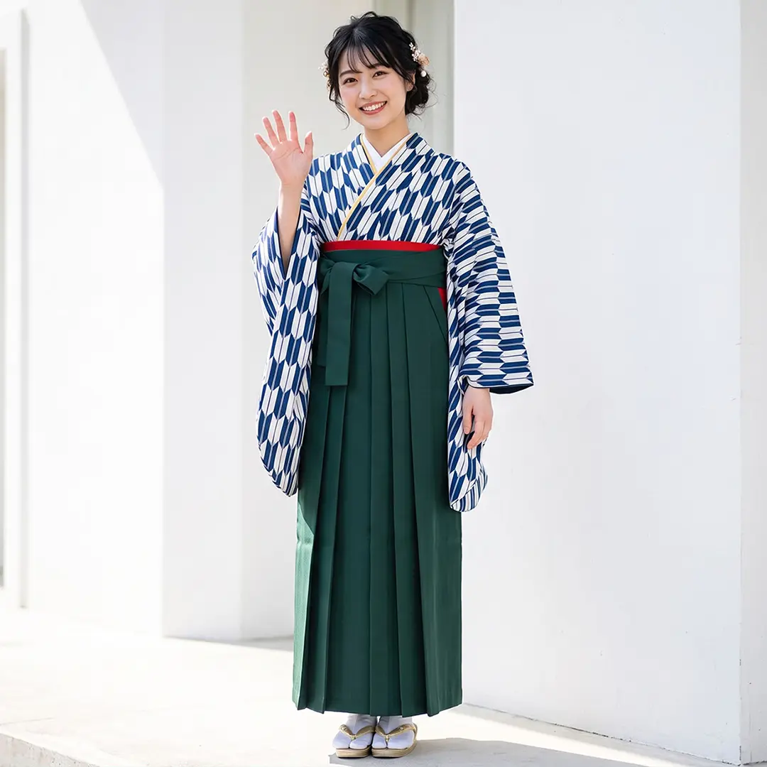 紺とグレーの矢絣・深緑袴（無地） （二尺袖）／卒業式 | 宅配着物