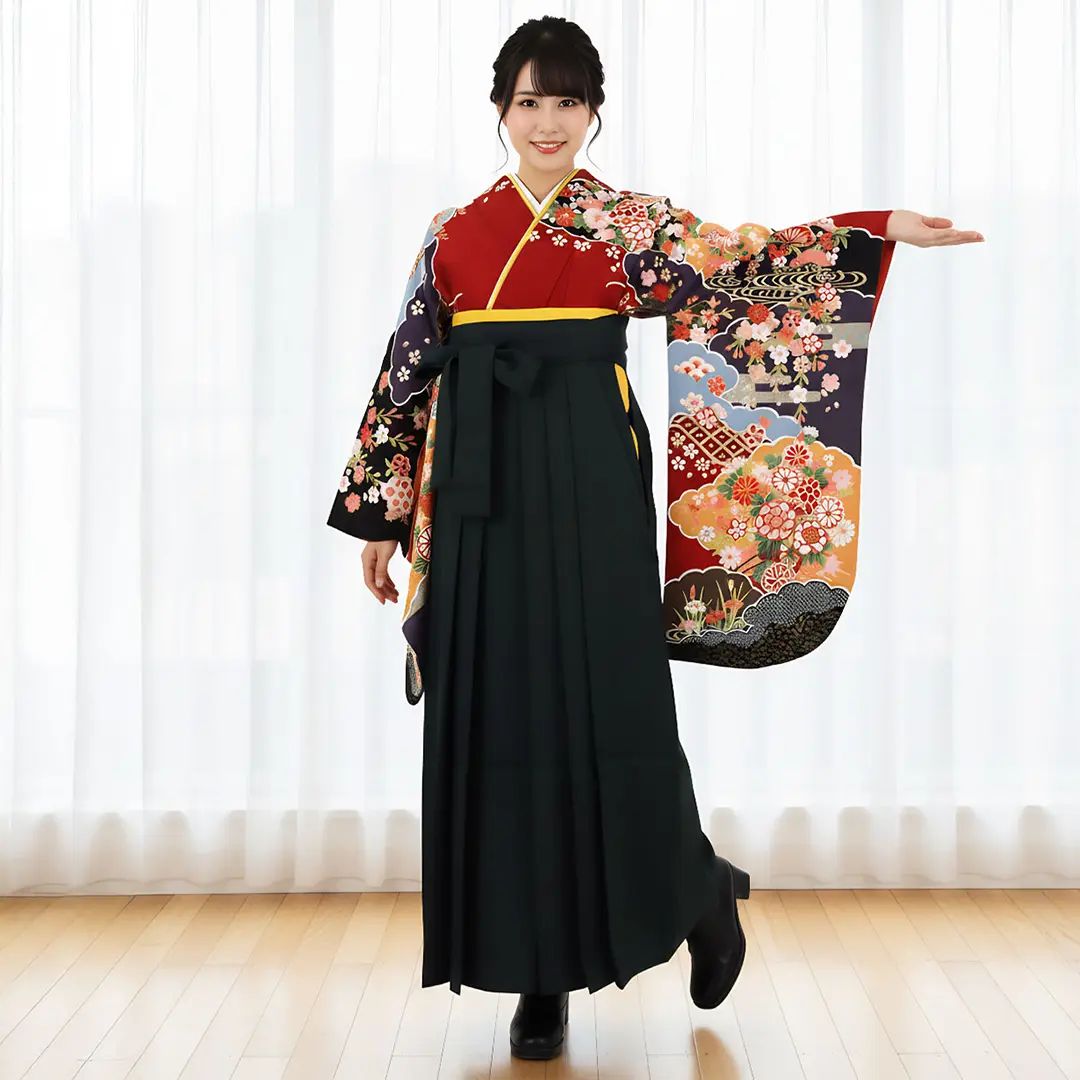 濃赤地に雲取り、黒袴（無地）（二尺袖）／卒業式／着用イメージ