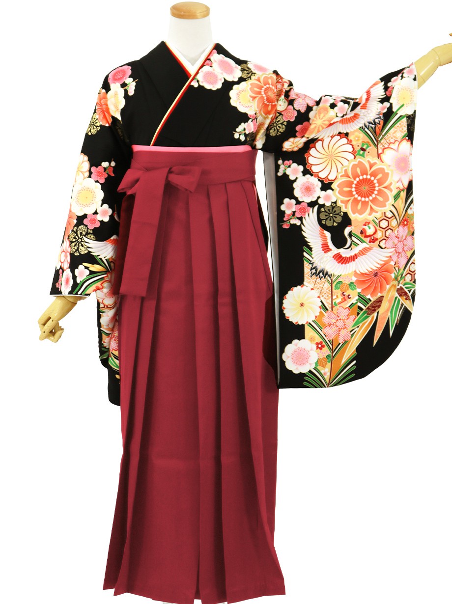 黒地に鶴と桜・臙脂袴（無地） （二尺袖）／卒業式
