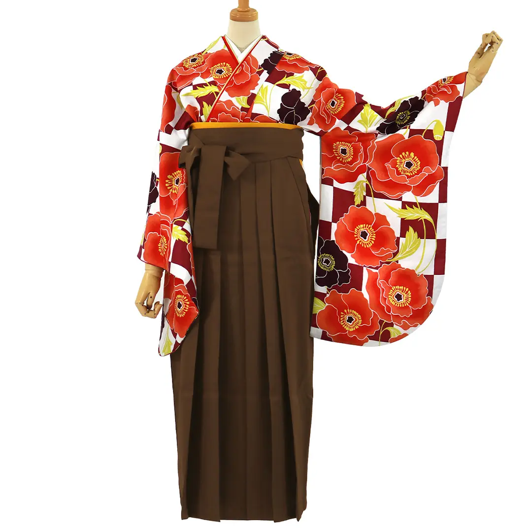 白と赤紫の市松にアネモネ・茶色袴（無地） （二尺袖）／卒業式／正面