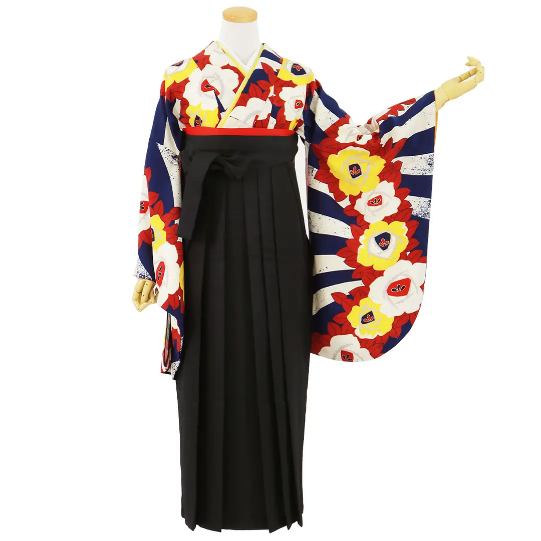 青と白のボーダーに薔薇・黒袴（無地） （二尺袖）／卒業式／正面