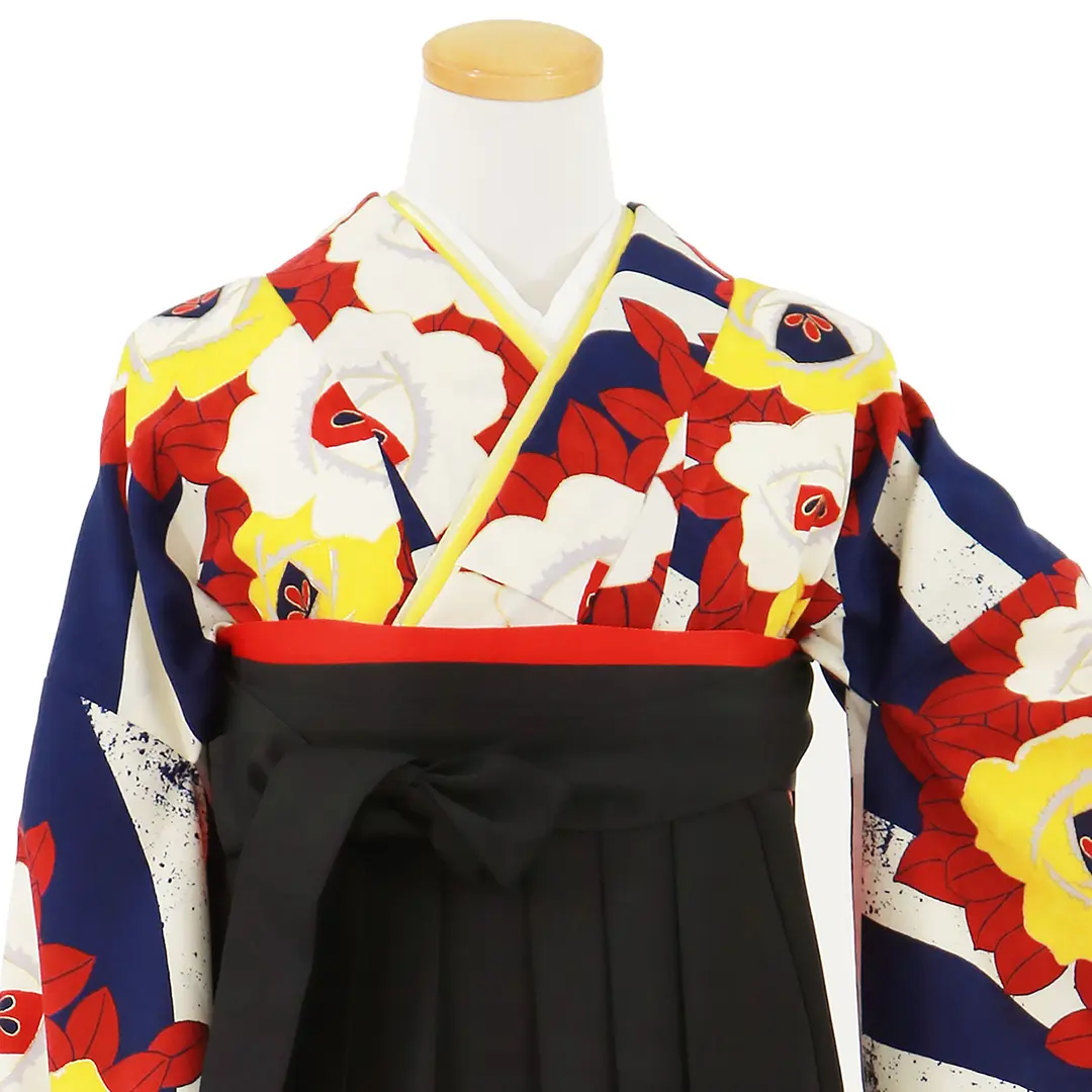 青と白のボーダーに薔薇・黒袴（無地） （二尺袖）／卒業式／正面詳細