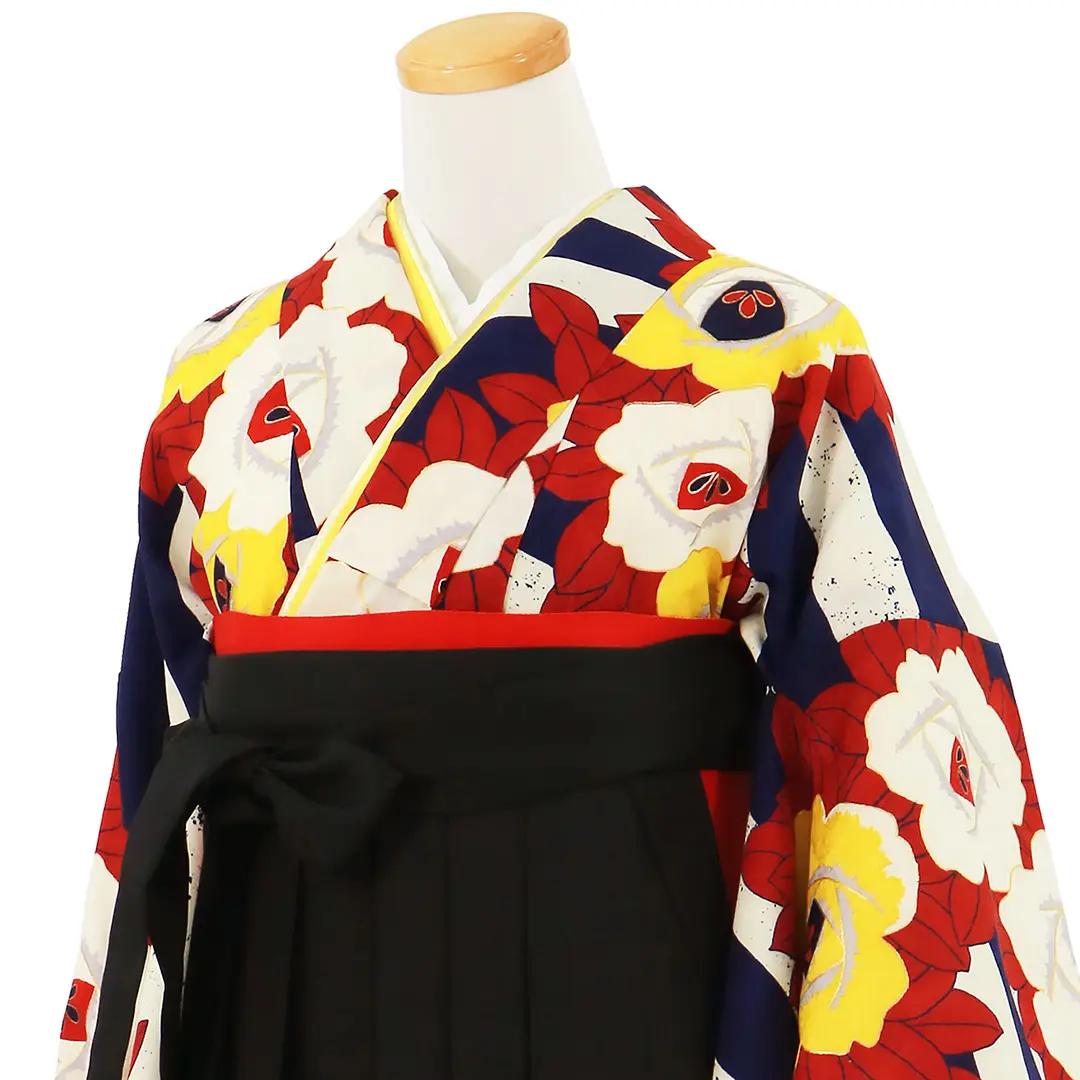 青と白のボーダーに薔薇・黒袴（無地） （二尺袖）／卒業式／斜め詳細