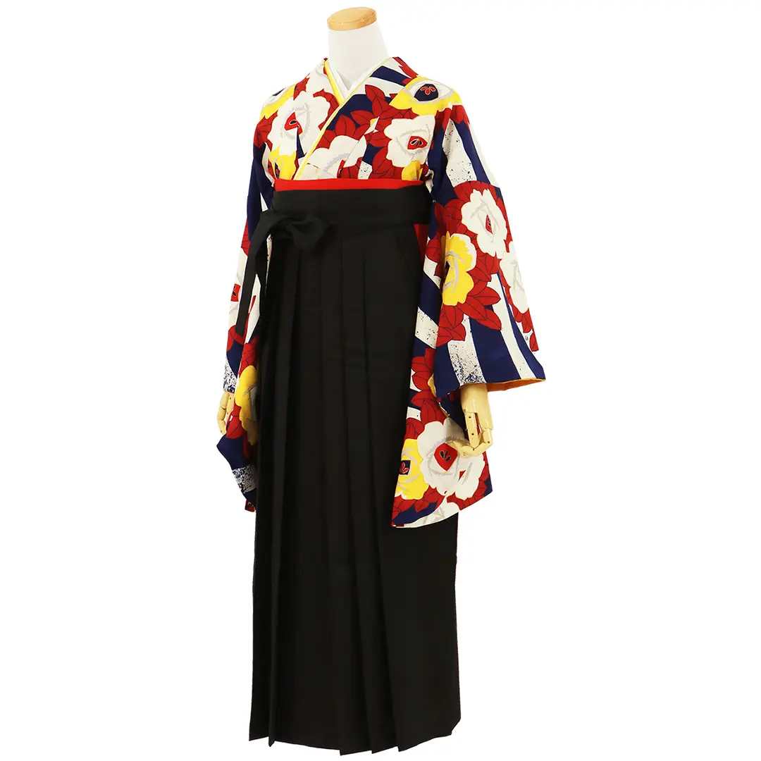 青と白のボーダーに薔薇・黒袴（無地） （二尺袖）／卒業式／斜め