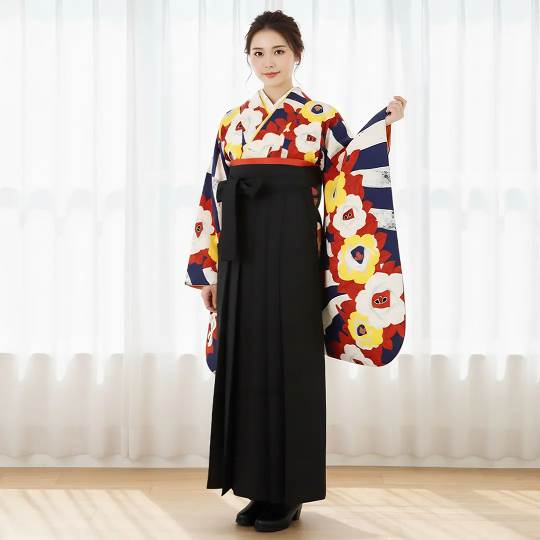 青と白のボーダーに薔薇・黒袴（無地） （二尺袖）／卒業式／着用イメージ