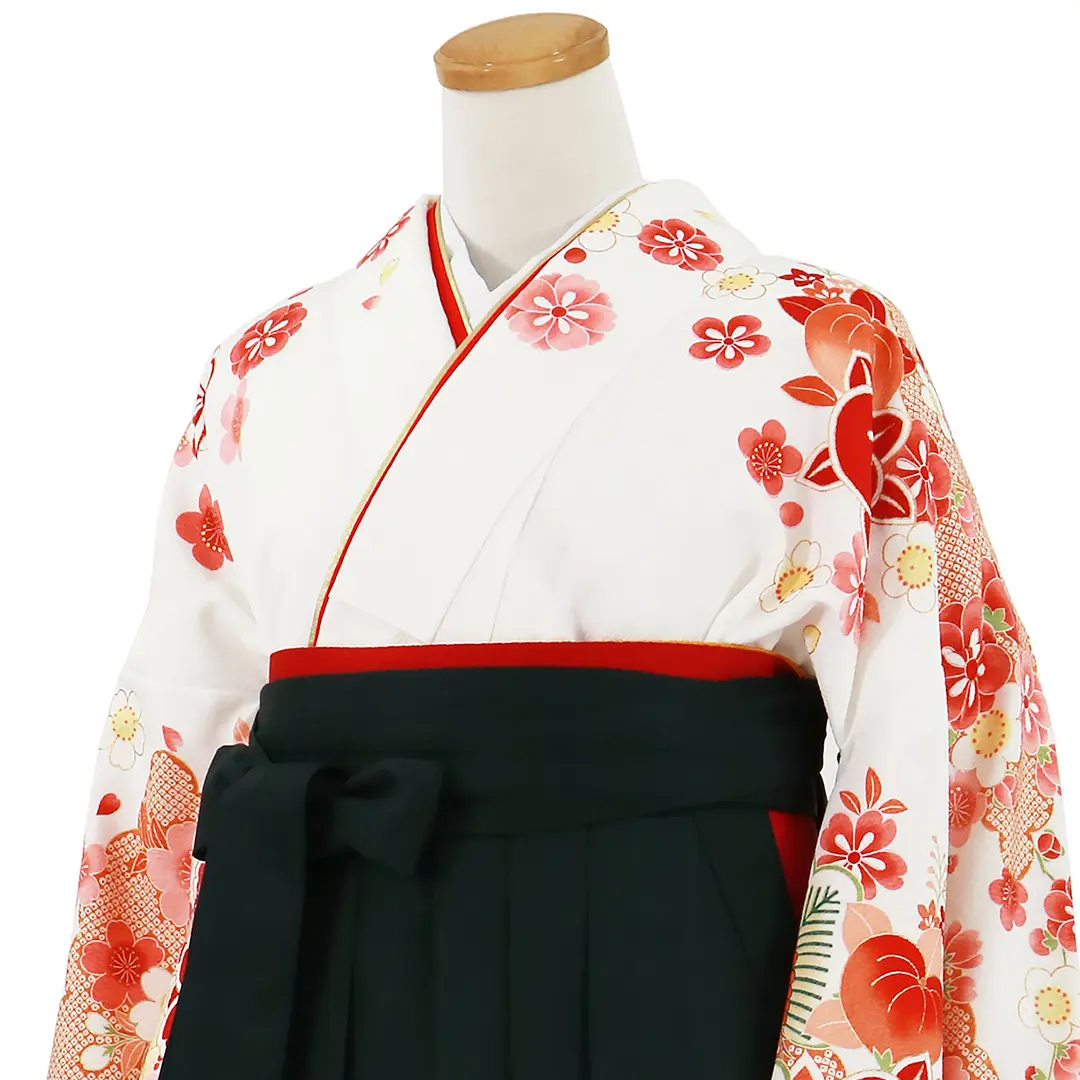 白地に桜と橘、黒袴（無地）（二尺袖）／卒業式／斜め詳細