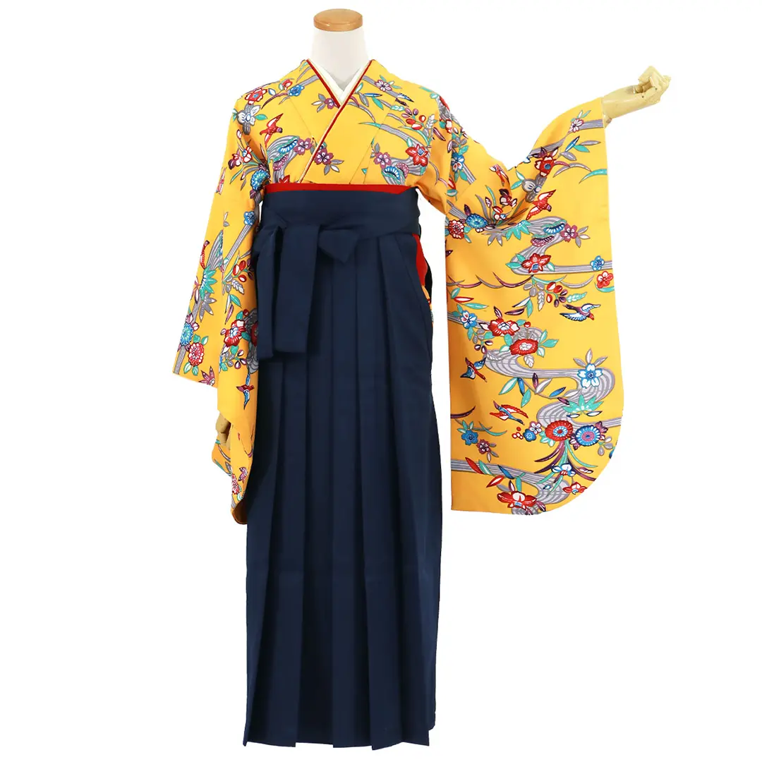 黄色地に紅型風の花鳥・紺袴（無地） （二尺袖）／卒業式 | 宅配着物