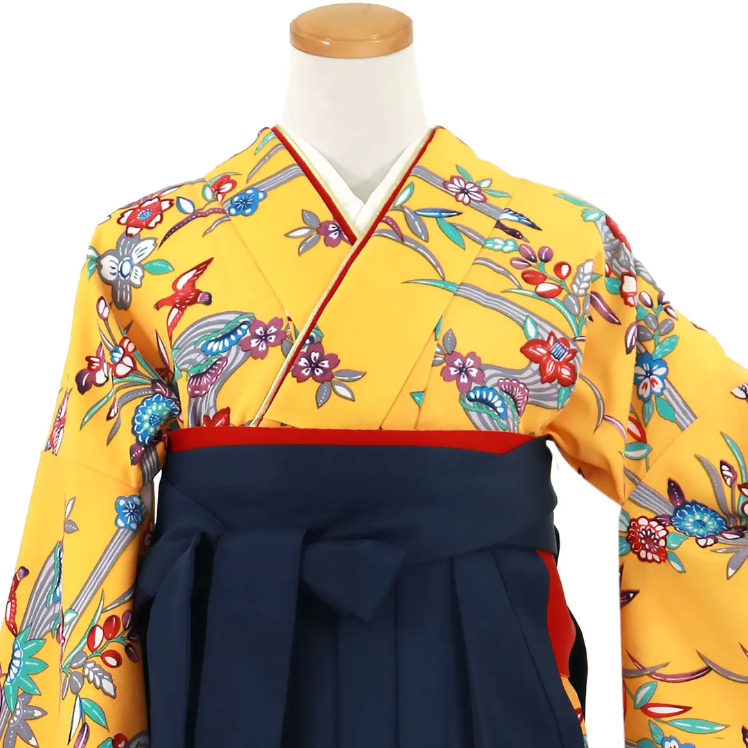 黄色地に紅型風の花鳥・紺袴（無地） （二尺袖）／卒業式 | 宅配着物