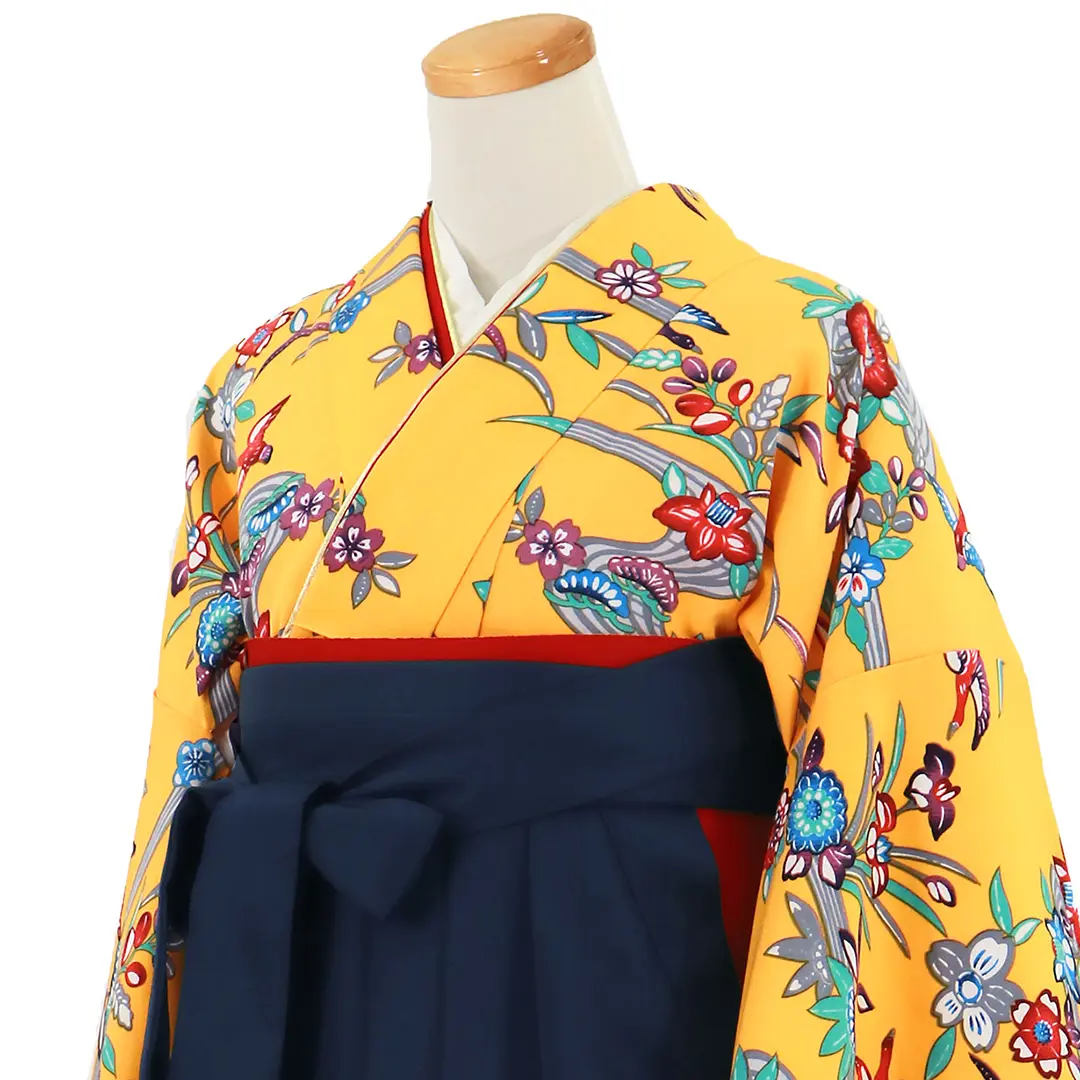 黄色地に紅型風の花鳥、紺袴（無地）（二尺袖）／卒業式／斜め詳細