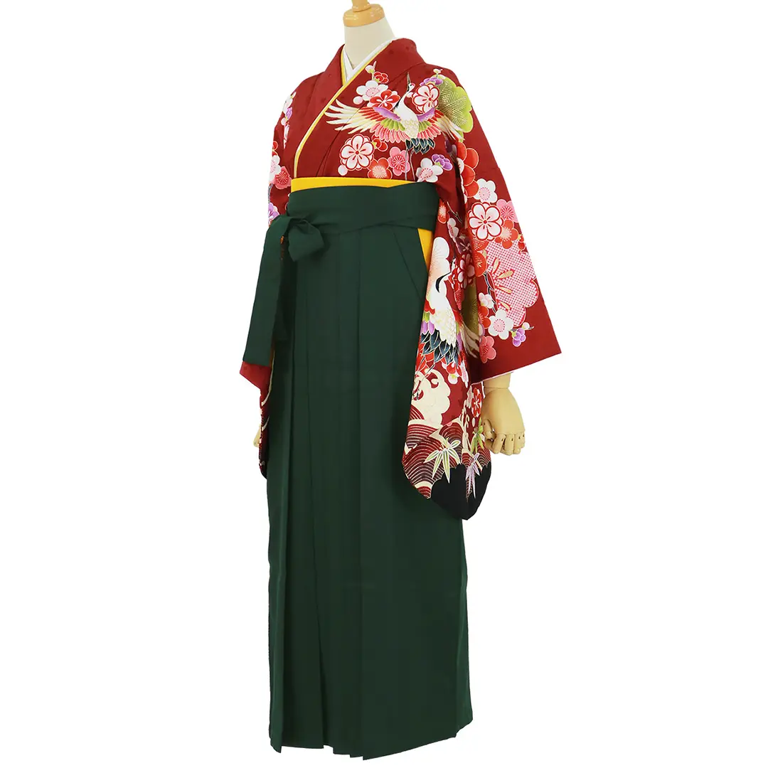 赤地に鶴と松竹梅・深緑袴（無地） （二尺袖）／卒業式／斜め