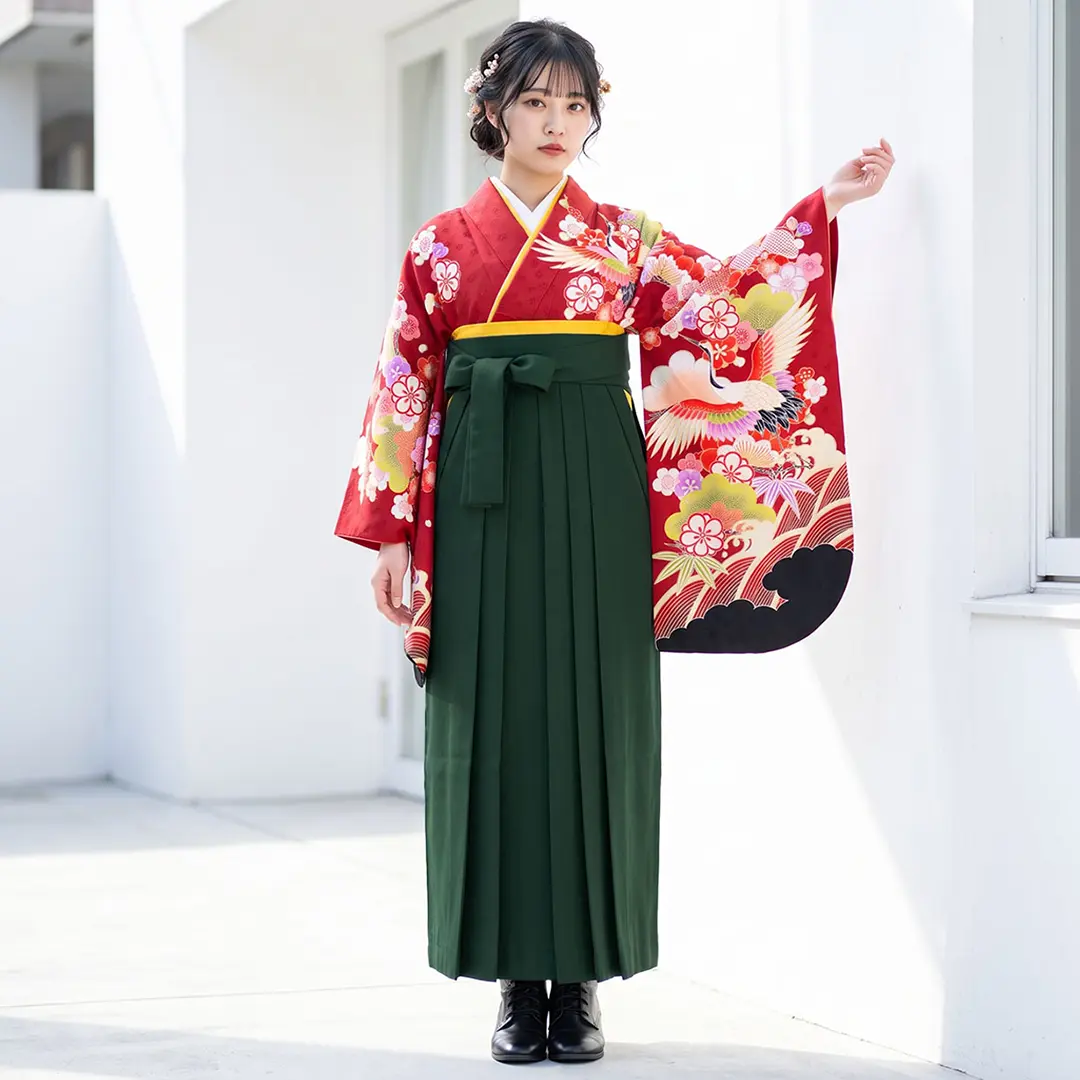 赤地に鶴と松竹梅・深緑袴（無地） （二尺袖）／卒業式／着用イメージ