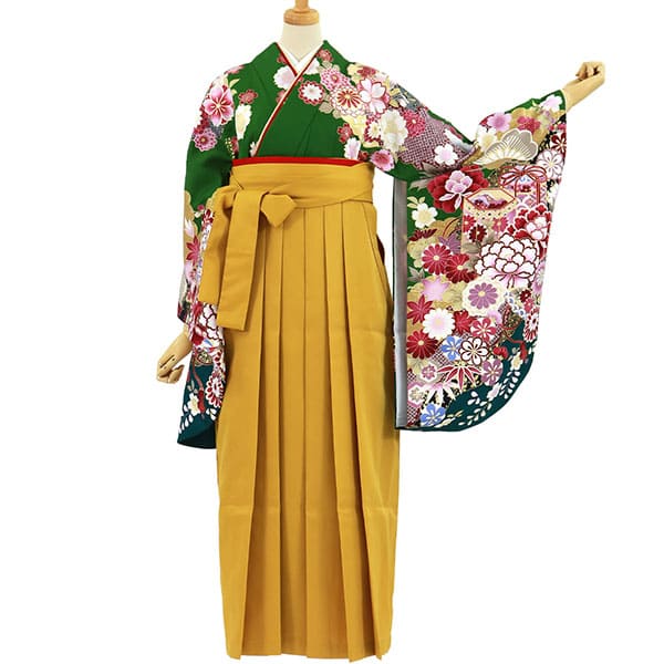 緑地に貝桶と四季花・マスタード袴（無地） （二尺袖）／卒業式