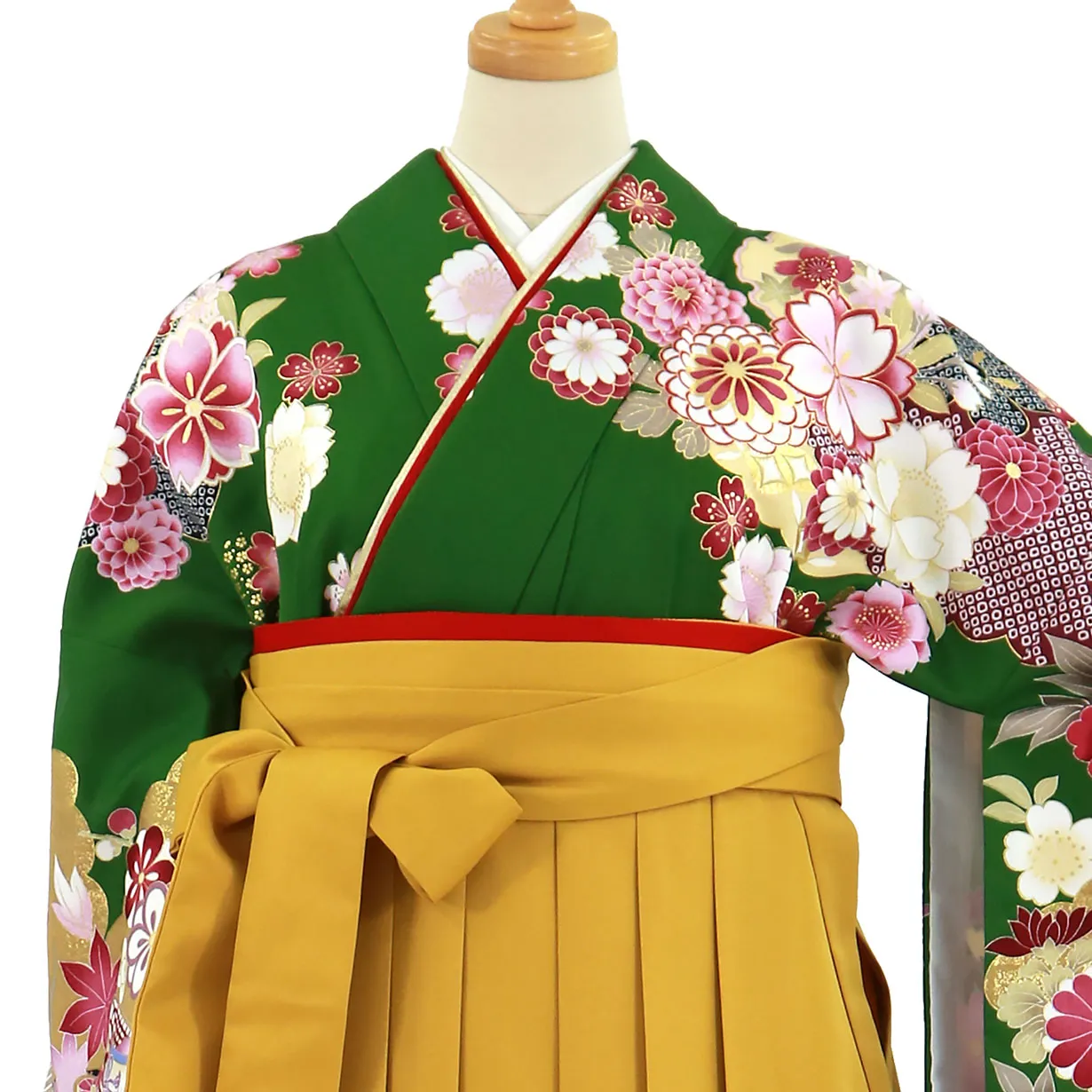 緑地に貝桶と四季花、マスタード袴（無地）（二尺袖）／卒業式 正面詳細