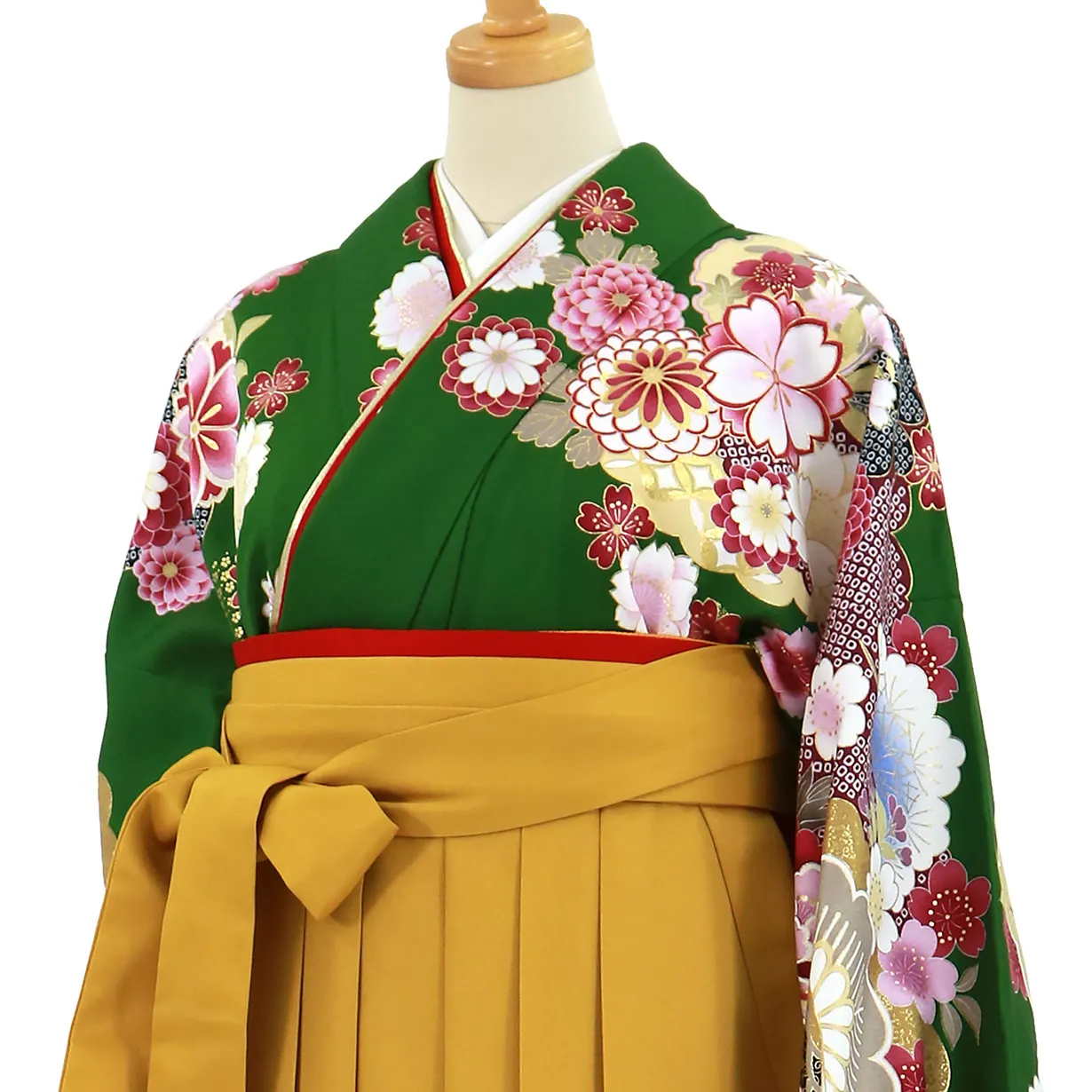 緑地に貝桶と四季花、マスタード袴（無地）（二尺袖）／卒業式 斜め詳細