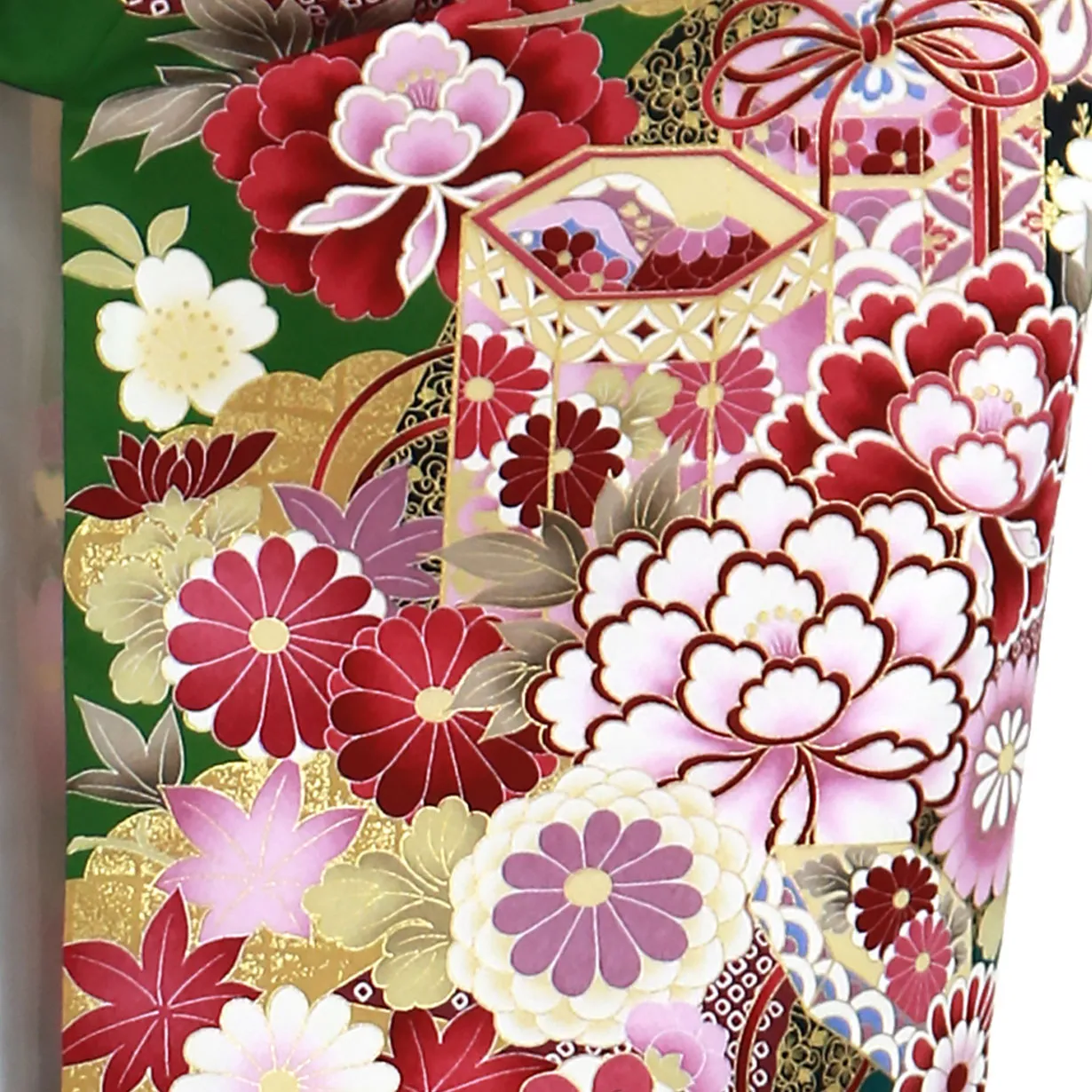 緑地に貝桶と四季花、マスタード袴（無地）（二尺袖）／卒業式 袖詳細