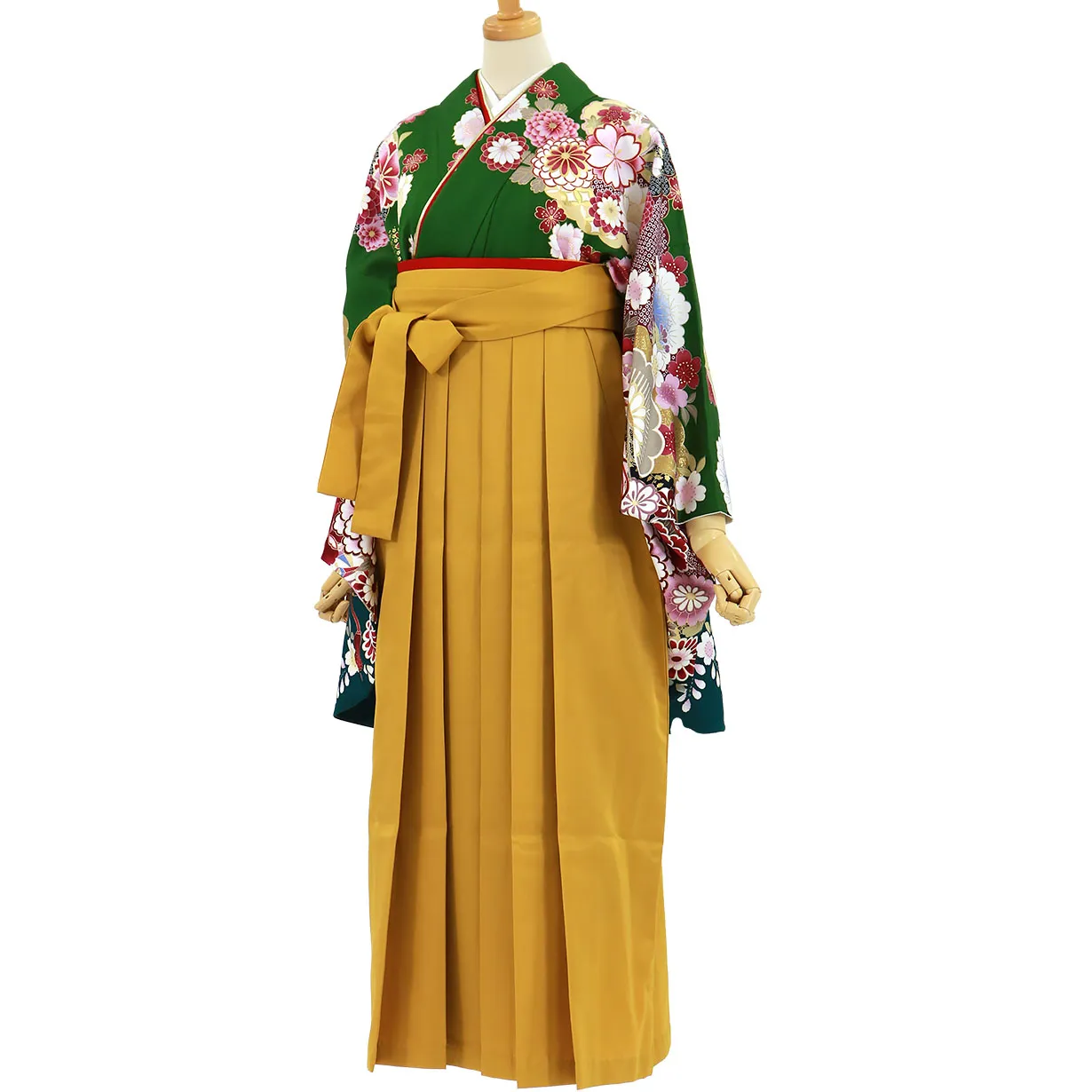 緑地に貝桶と四季花、マスタード袴（無地）（二尺袖）／卒業式 斜め